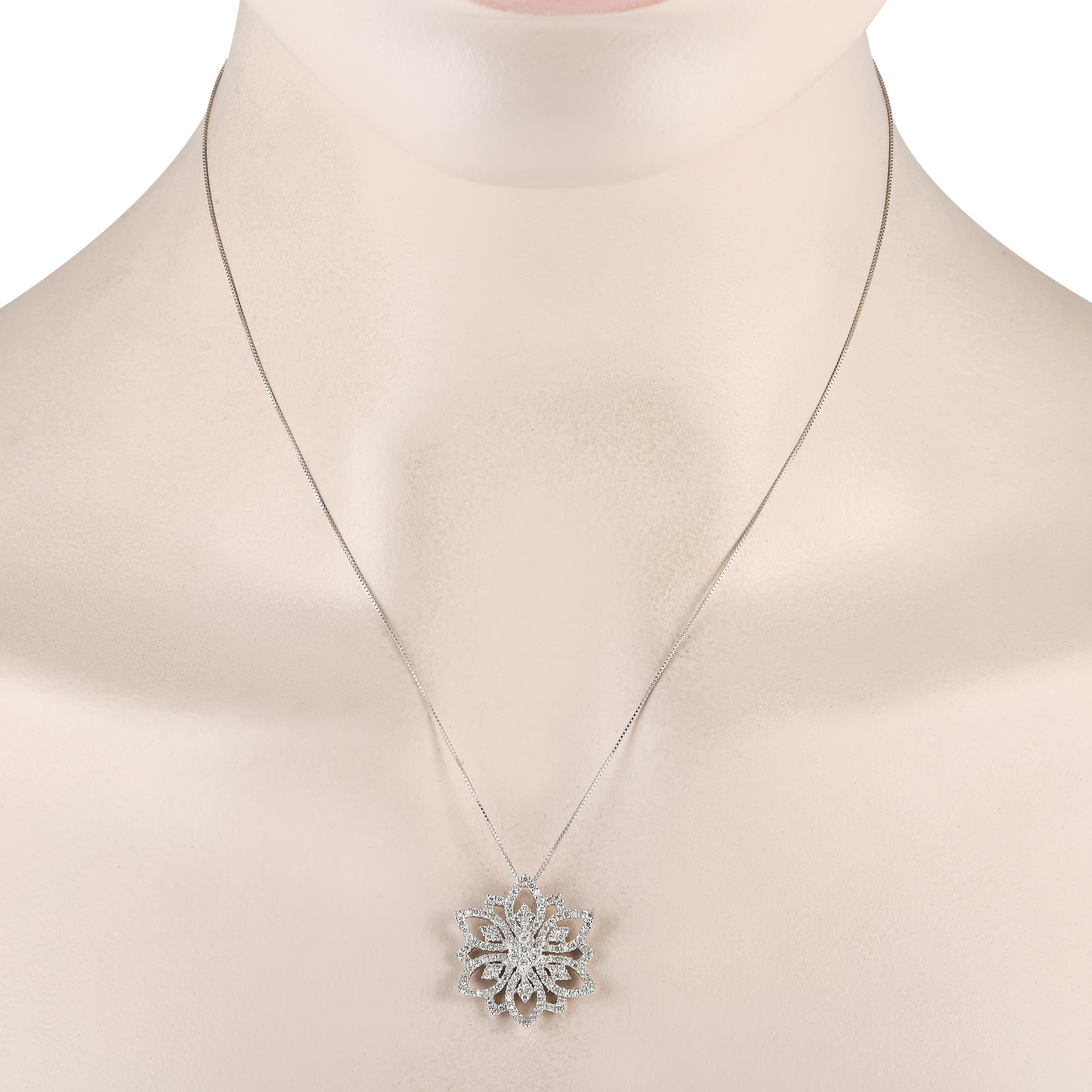 This diamond necklace is the perfect accessory to add a touch of romance to your ensembles. You'll love the understated elegance of the 1 x 1 flower-inspired pendant on the box chain necklace. Each contour is meticulously detailed with petite round