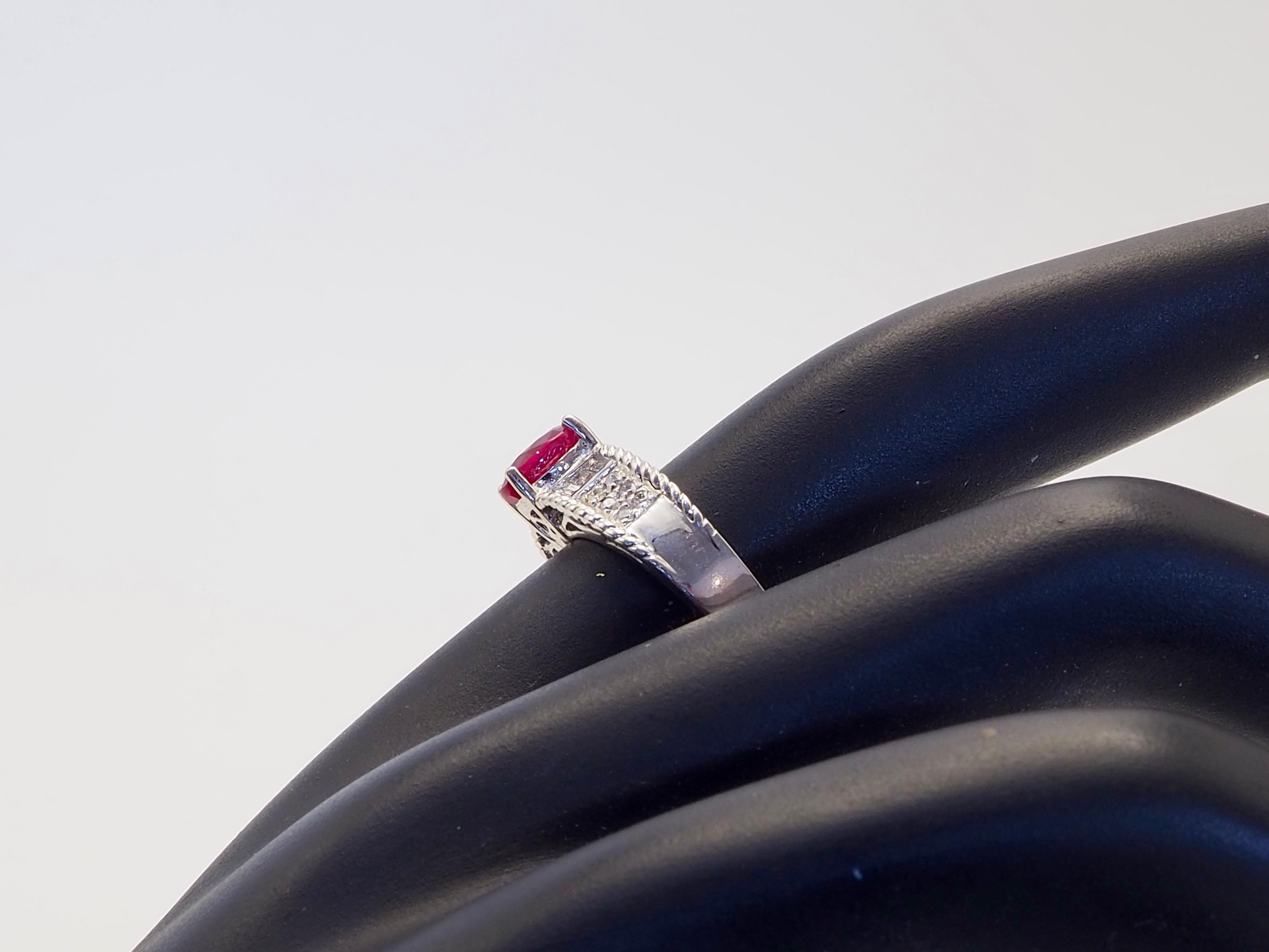 18K White Gold 1.07ct Oval Myanmar Ruby & 0.20ct Diamond Fine Band Ring For Sale 5