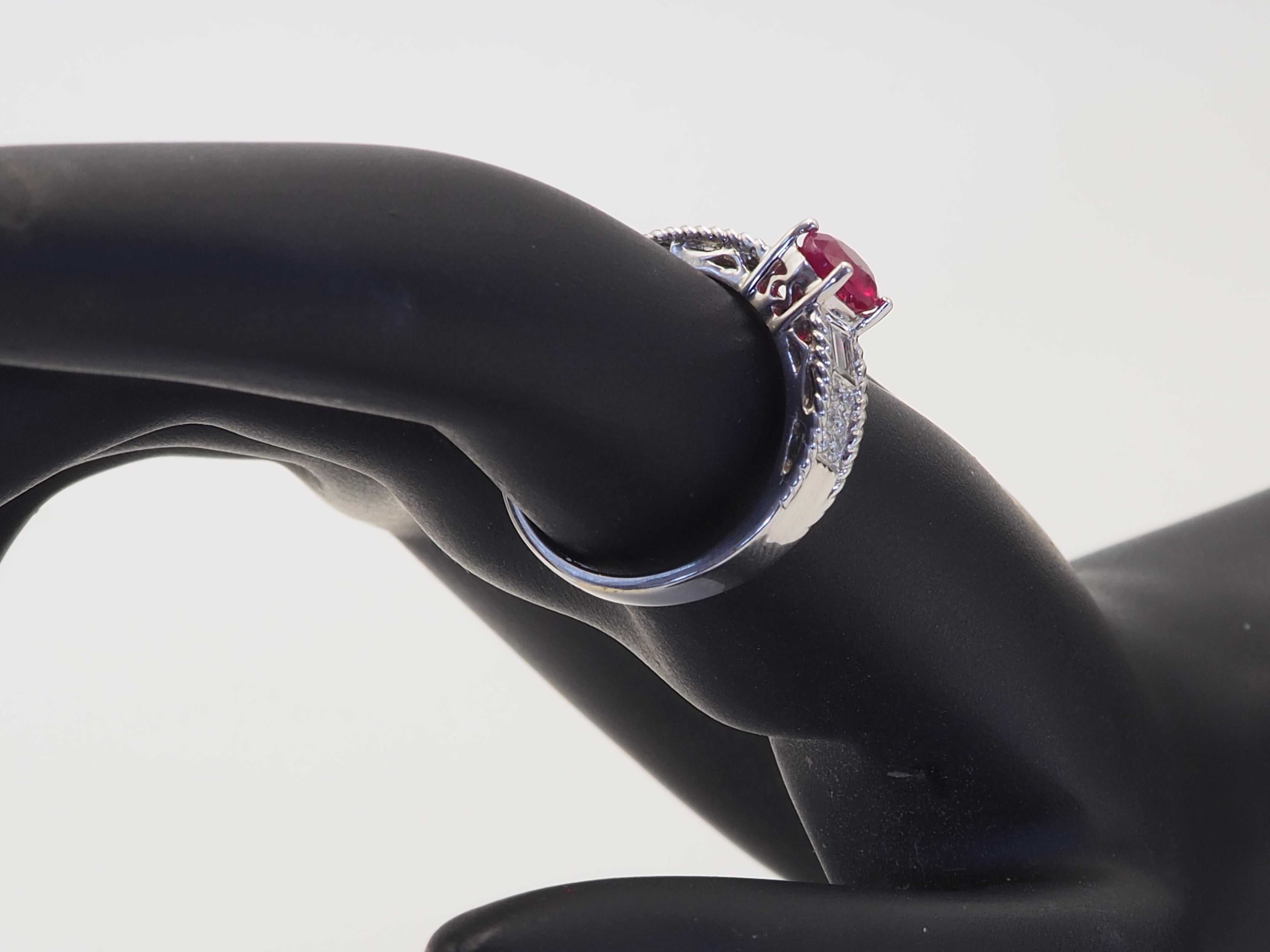 18K White Gold 1.07ct Oval Myanmar Ruby & 0.20ct Diamond Fine Band Ring For Sale 6