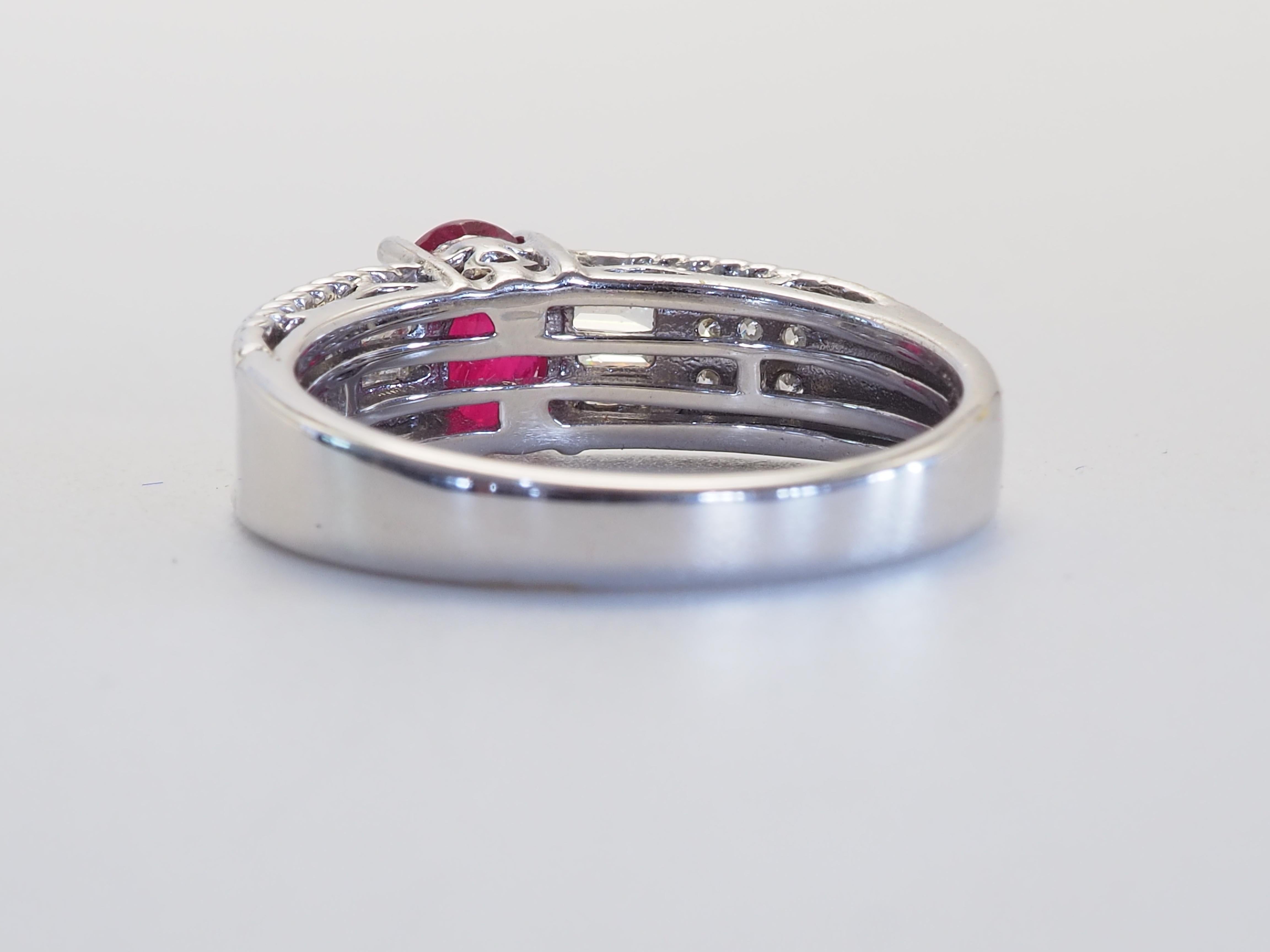 Oval Cut 18K White Gold 1.07ct Oval Myanmar Ruby & 0.20ct Diamond Fine Band Ring For Sale