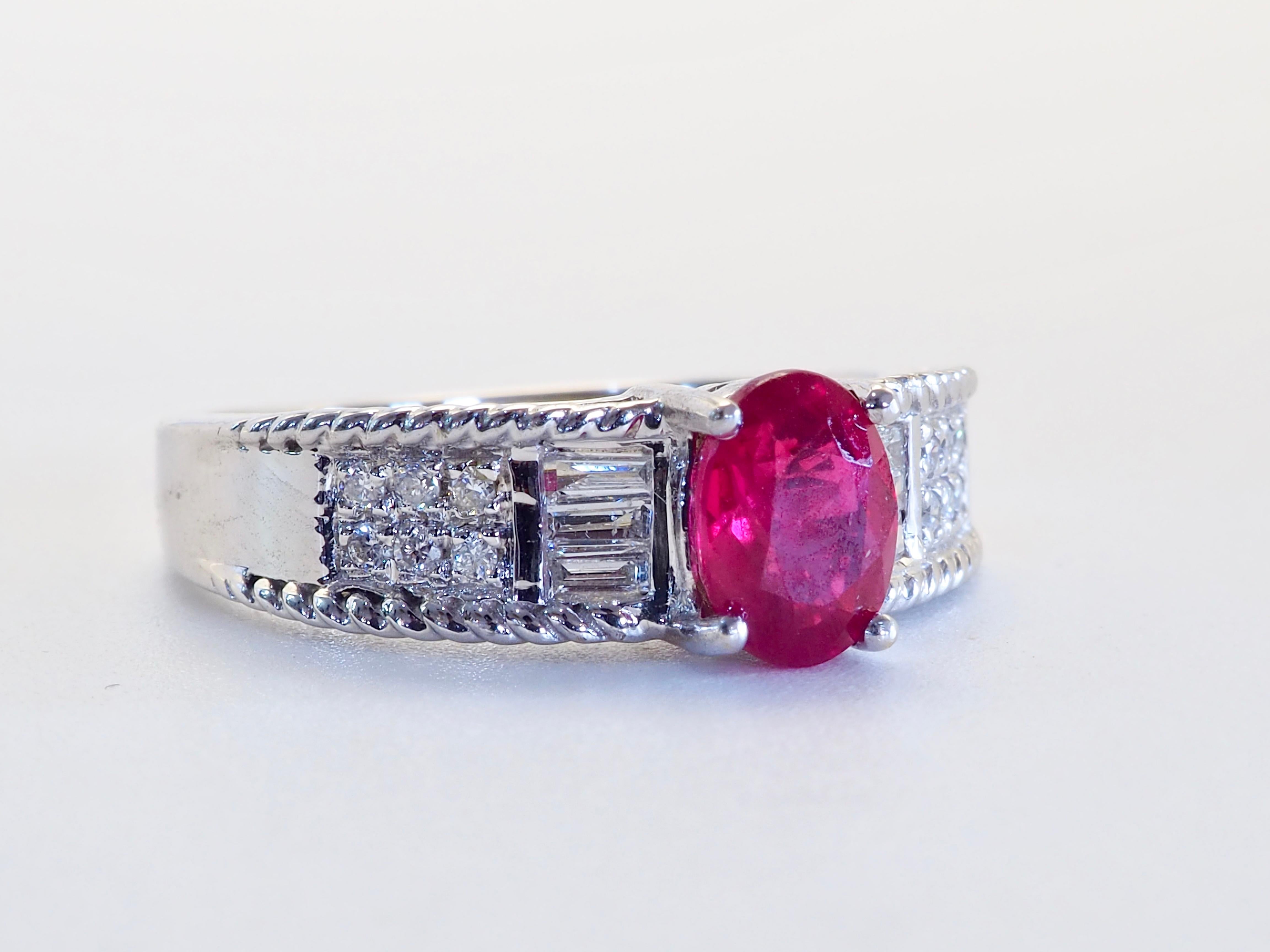 18K White Gold 1.07ct Oval Myanmar Ruby & 0.20ct Diamond Fine Band Ring In New Condition For Sale In เกาะสมุย, TH