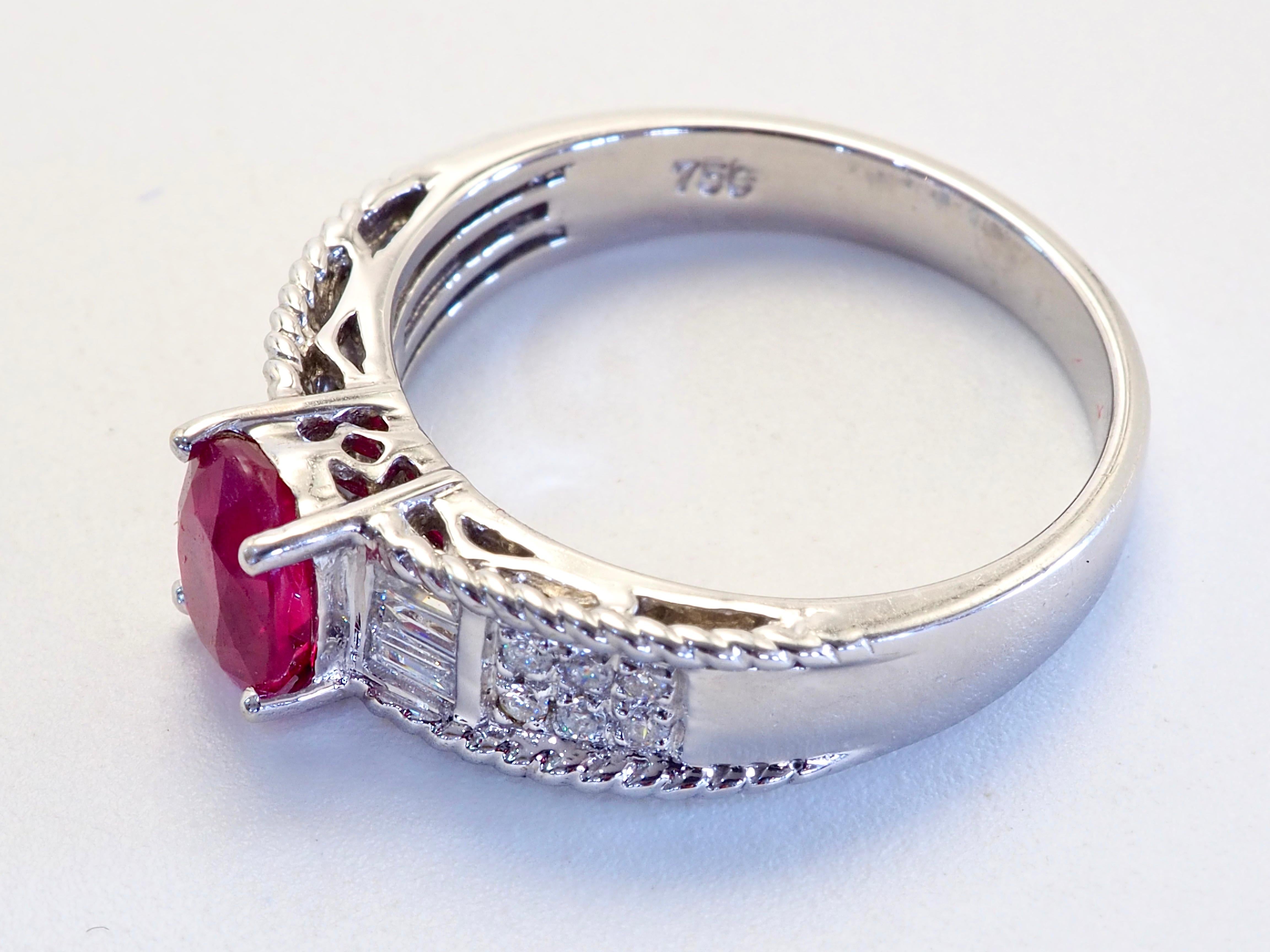 18K White Gold 1.07ct Oval Myanmar Ruby & 0.20ct Diamond Fine Band Ring For Sale 1