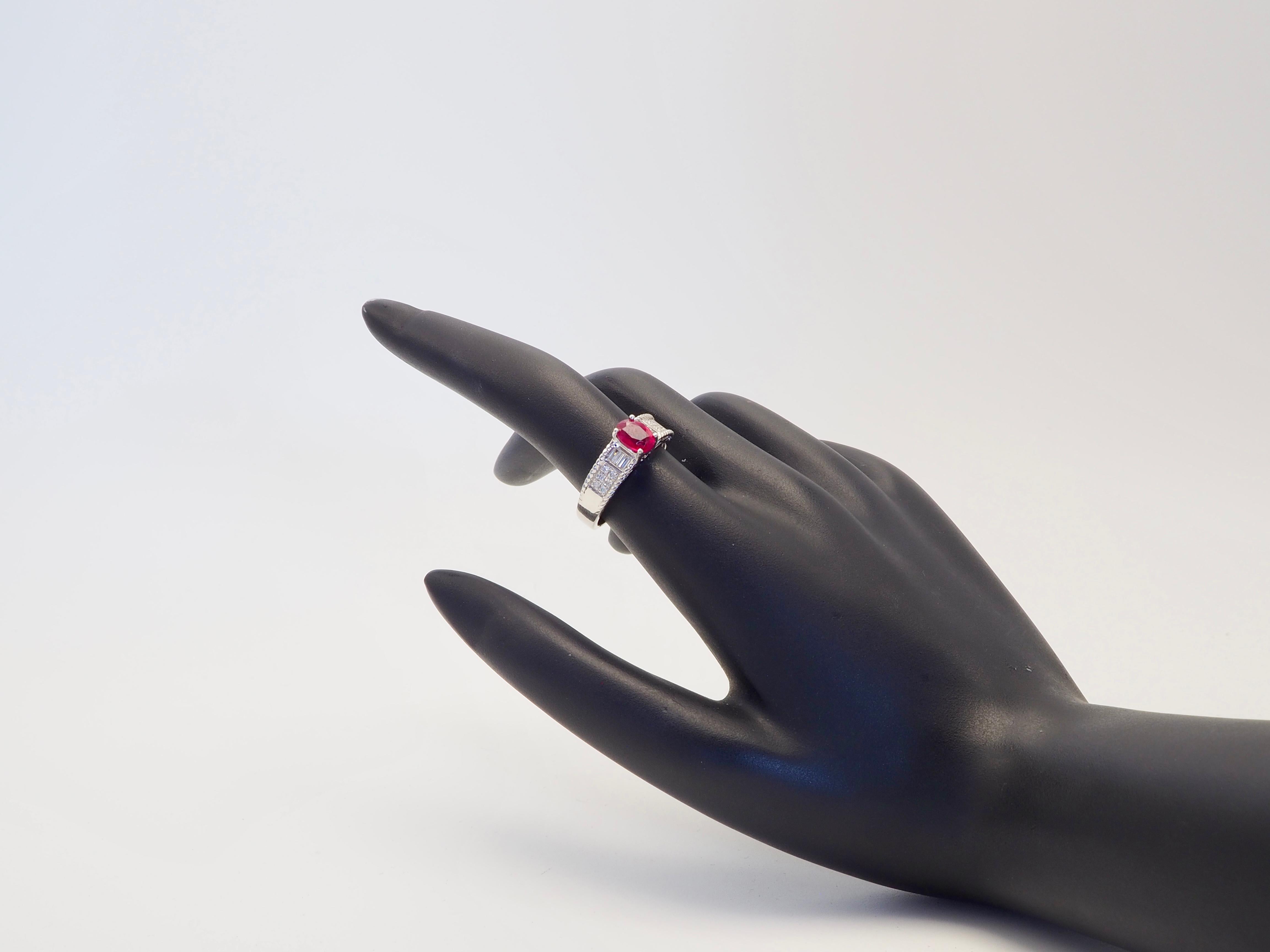 18K White Gold 1.07ct Oval Myanmar Ruby & 0.20ct Diamond Fine Band Ring For Sale 2