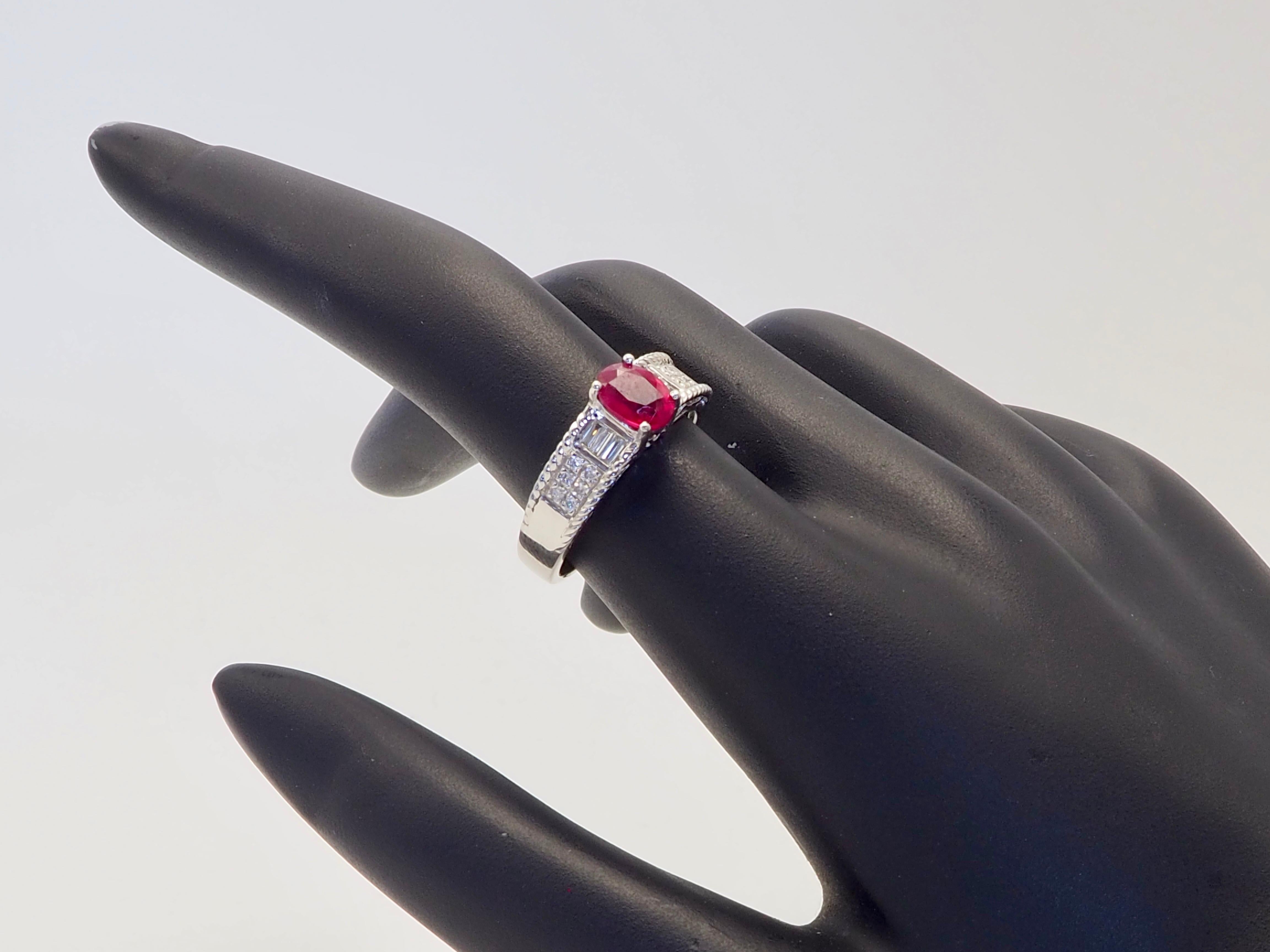 18K White Gold 1.07ct Oval Myanmar Ruby & 0.20ct Diamond Fine Band Ring For Sale 3