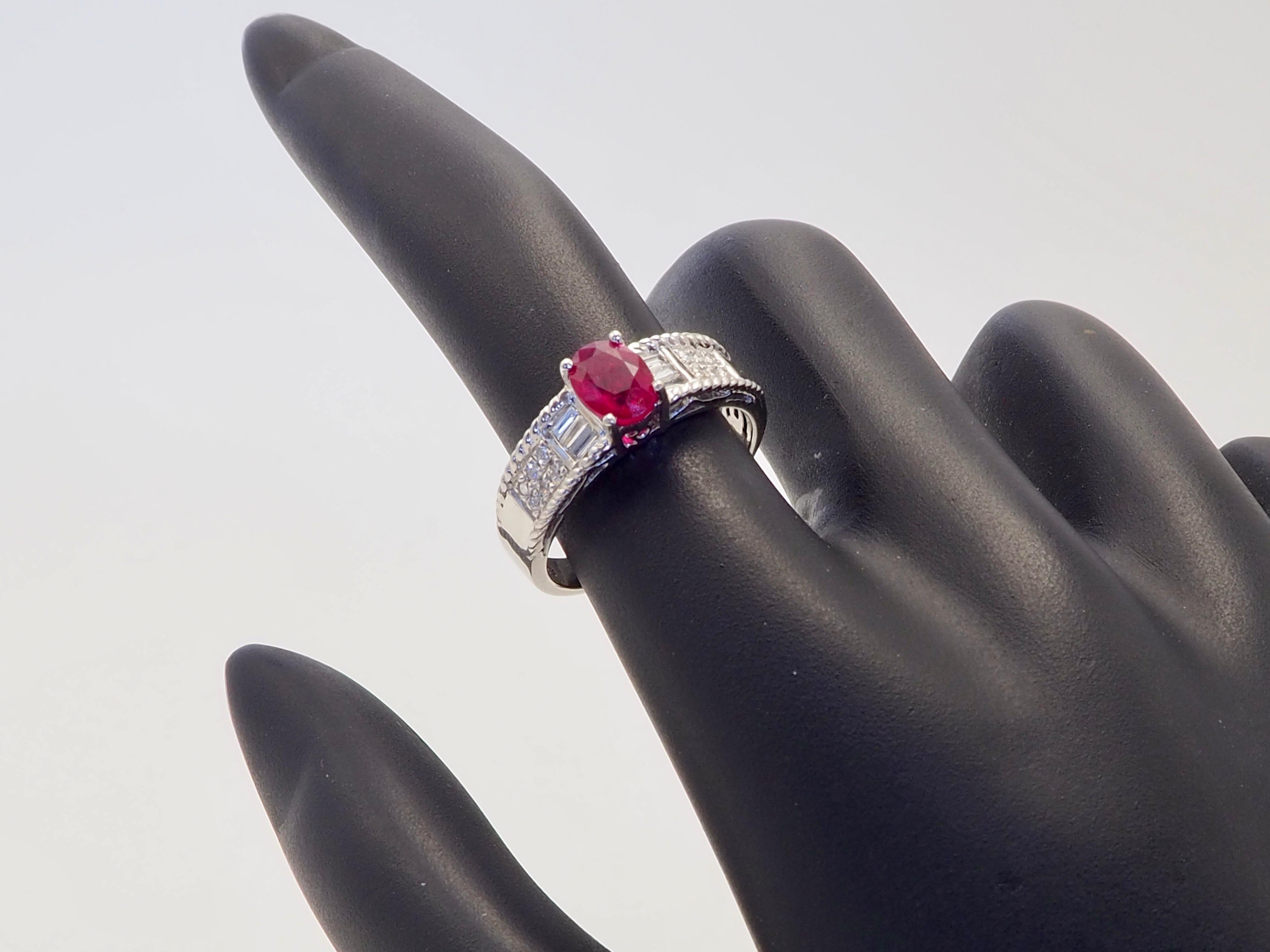 18K White Gold 1.07ct Oval Myanmar Ruby & 0.20ct Diamond Fine Band Ring For Sale 4