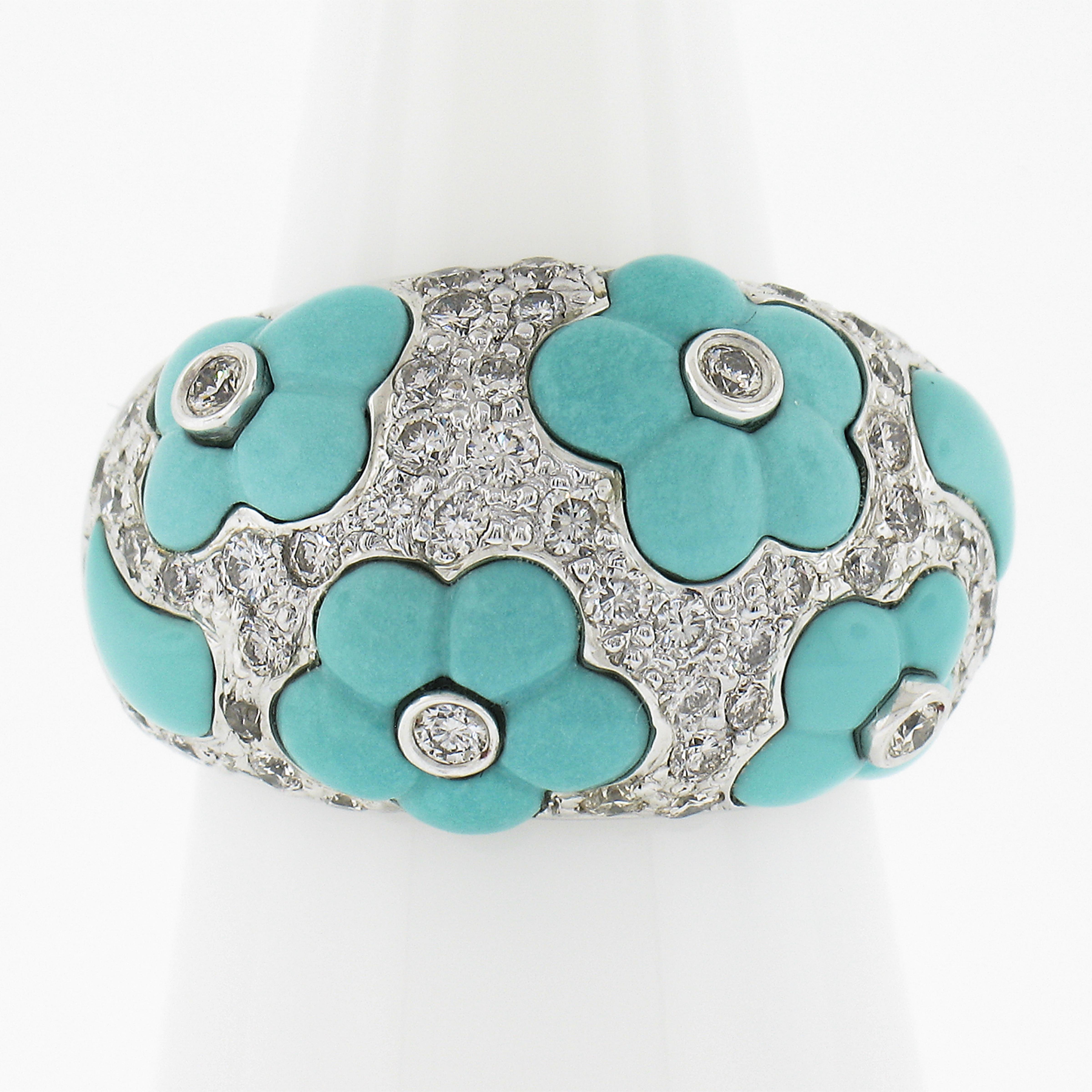 --Stone(s):--
(6) Natural Genuine Turquoise - Flower Custom Cut - Inlaid Set - Turquoise Color 
Numerous Natural Genuine Diamonds - Round Brilliant Cut - Pave Set - G-I Color - VS2-SI2 Clarity - 1.07ctw (exact)

Material: Solid 18K White
