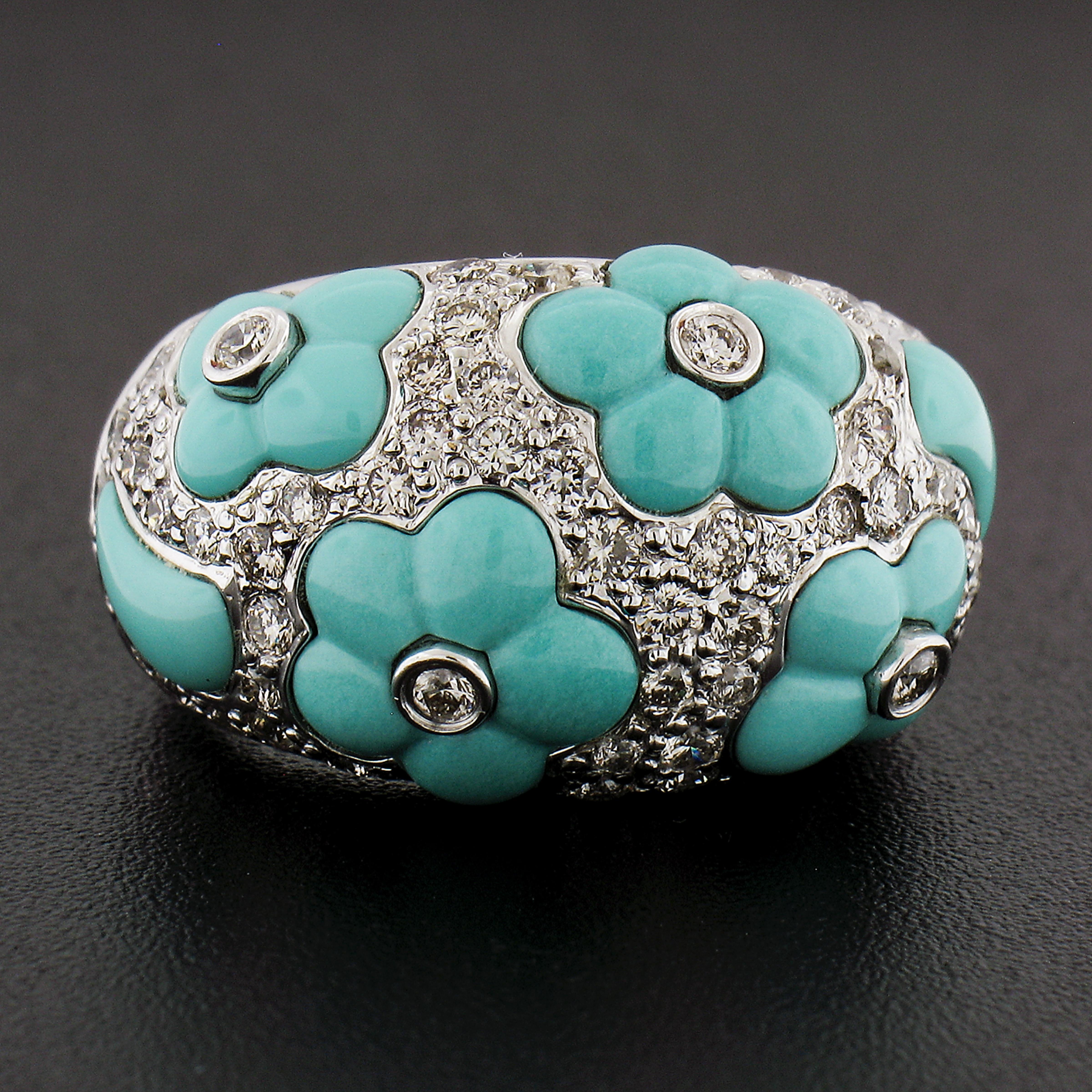 Round Cut 18k White Gold 1.07ctw Diamond & Flower Turquoise 14.1mm Wide Bombe Band Ring For Sale