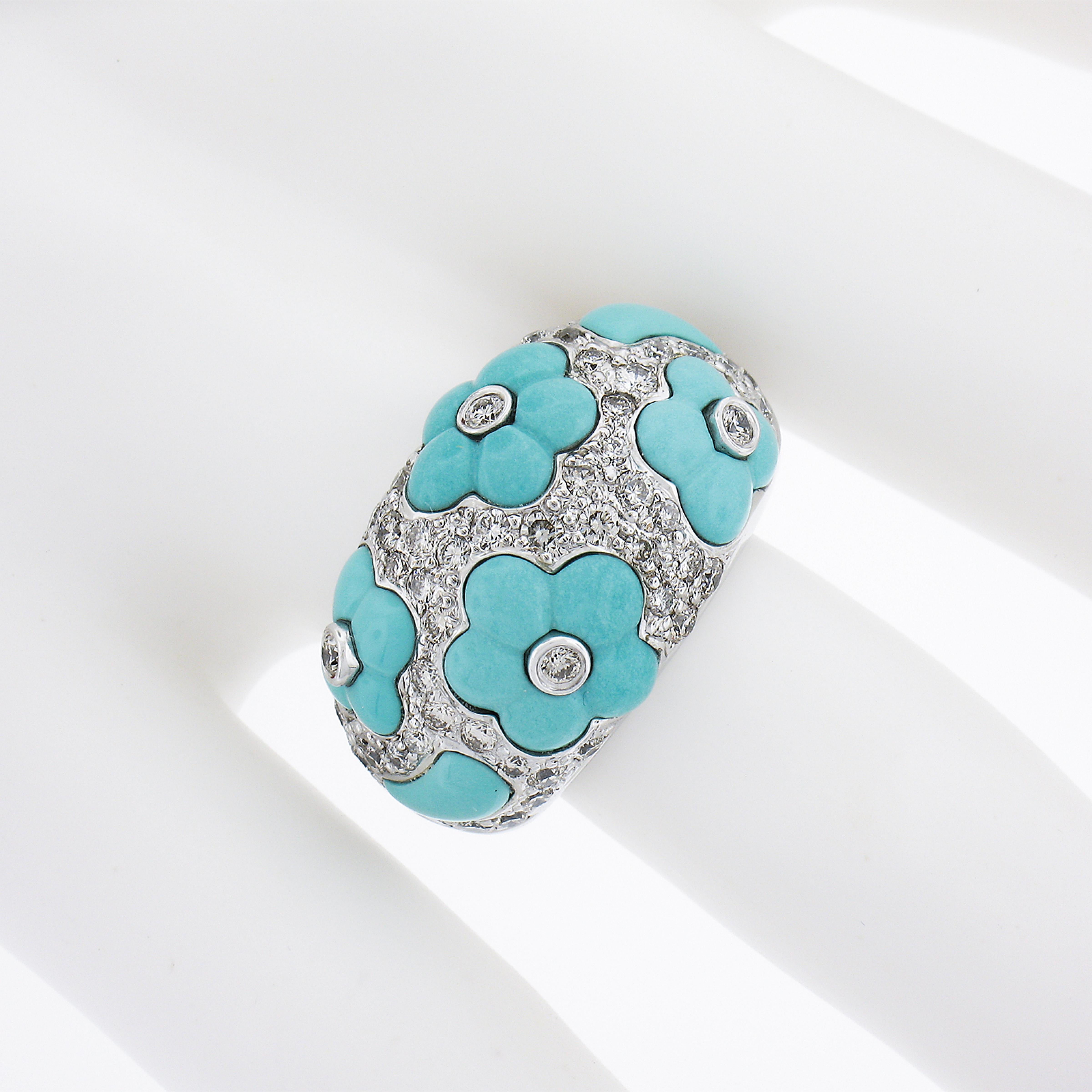 18k White Gold 1.07ctw Diamond & Flower Turquoise 14.1mm Wide Bombe Band Ring In Excellent Condition For Sale In Montclair, NJ