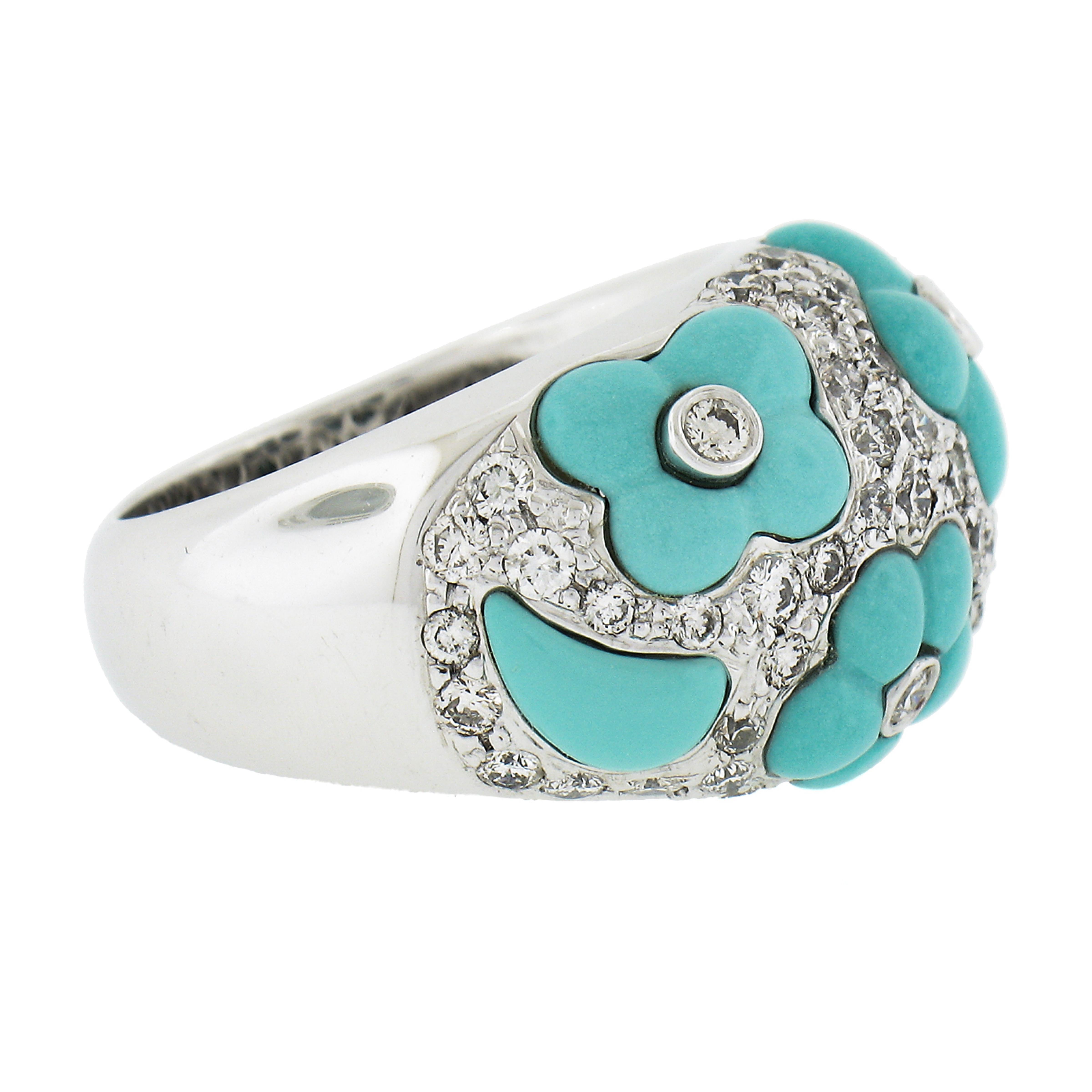 Women's 18k White Gold 1.07ctw Diamond & Flower Turquoise 14.1mm Wide Bombe Band Ring For Sale