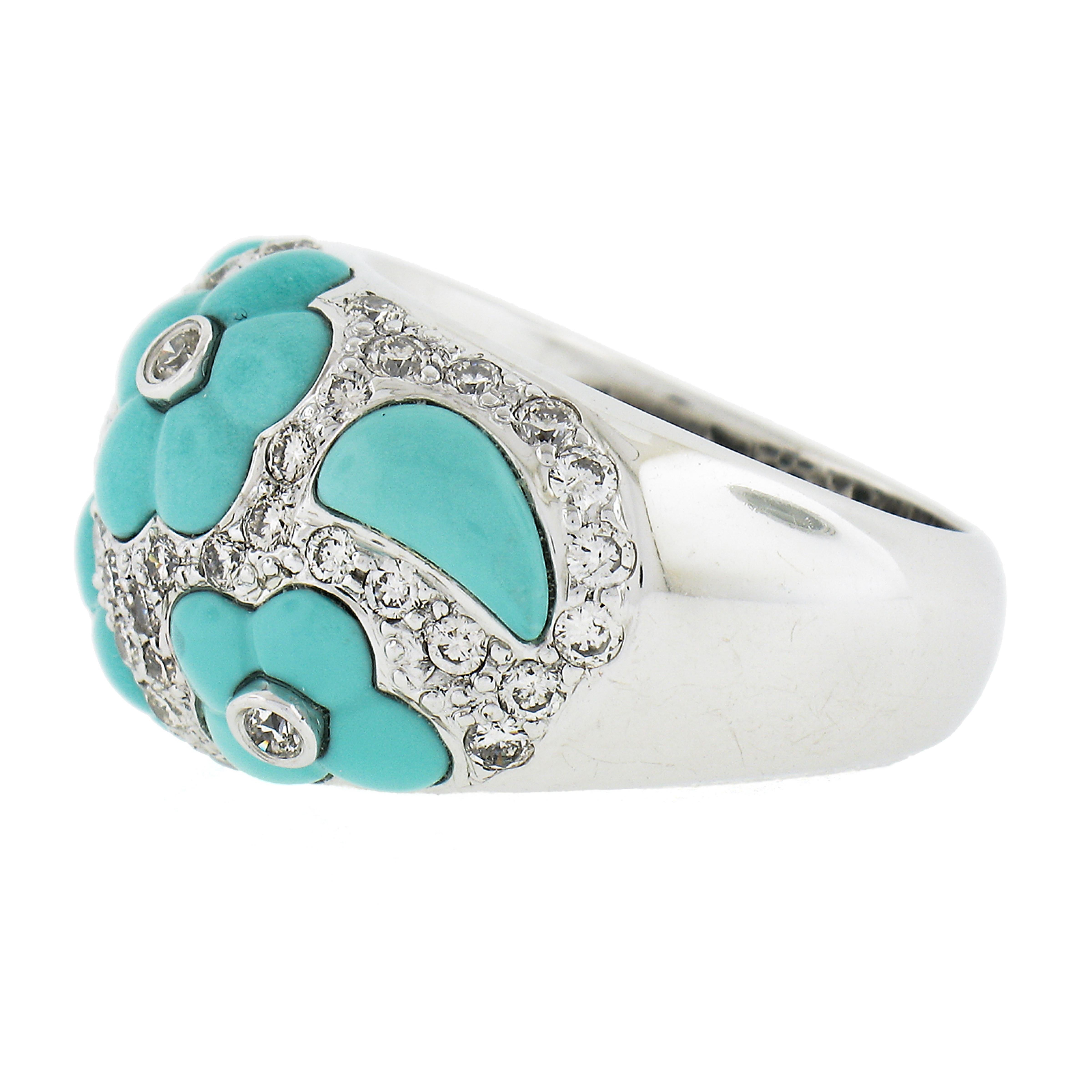 18k White Gold 1.07ctw Diamond & Flower Turquoise 14.1mm Wide Bombe Band Ring For Sale 1