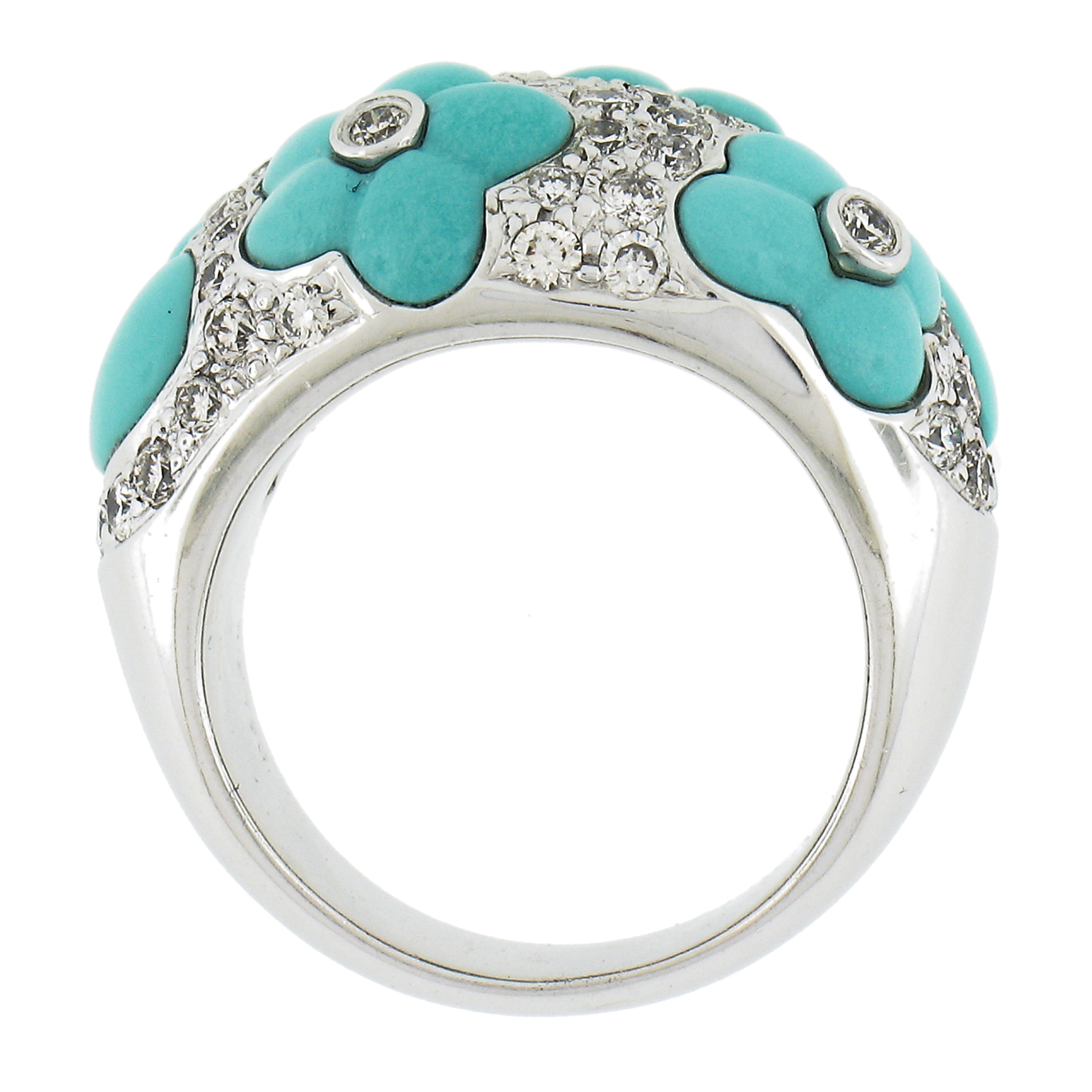 18k White Gold 1.07ctw Diamond & Flower Turquoise 14.1mm Wide Bombe Band Ring For Sale 3