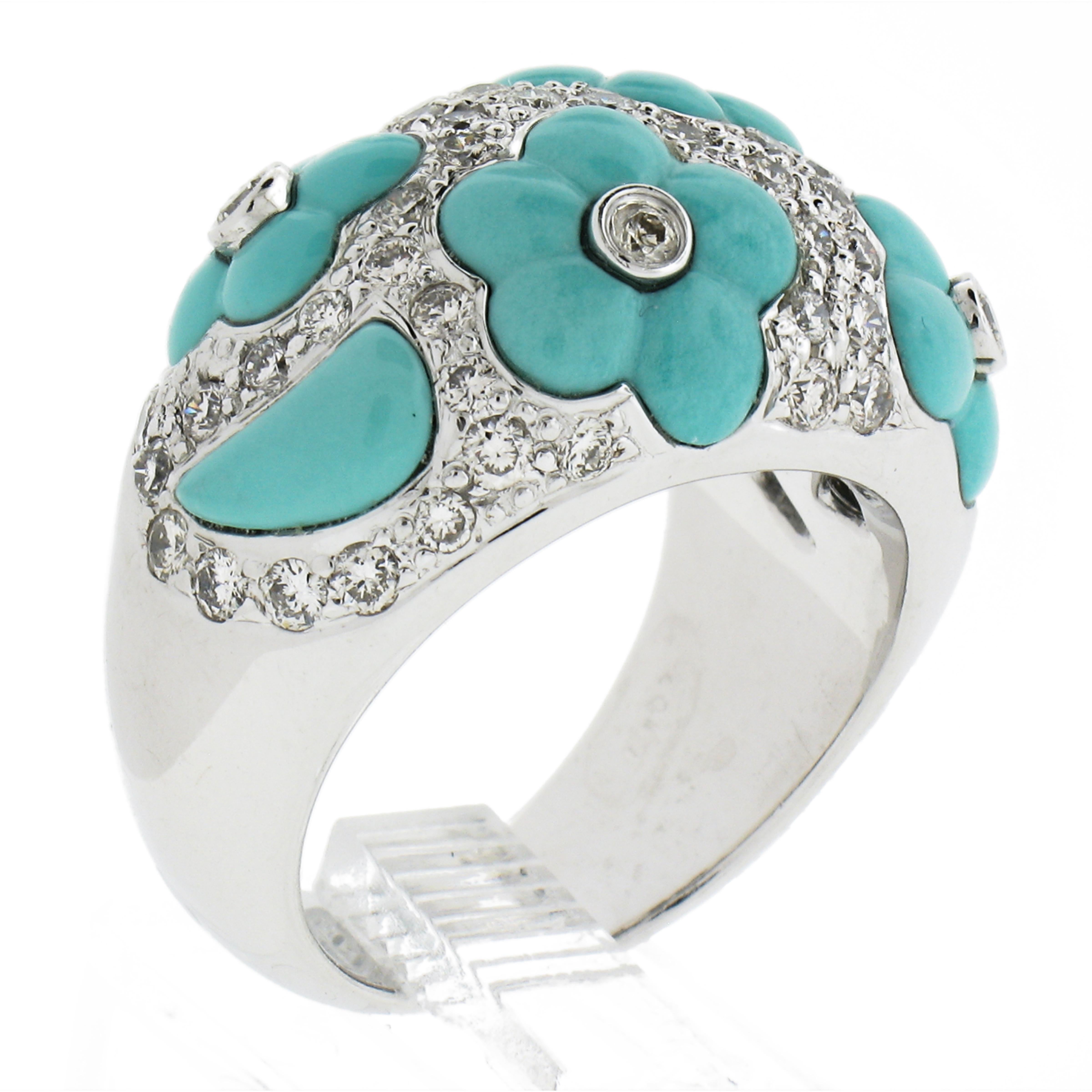 18k White Gold 1.07ctw Diamond & Flower Turquoise 14.1mm Wide Bombe Band Ring For Sale 4