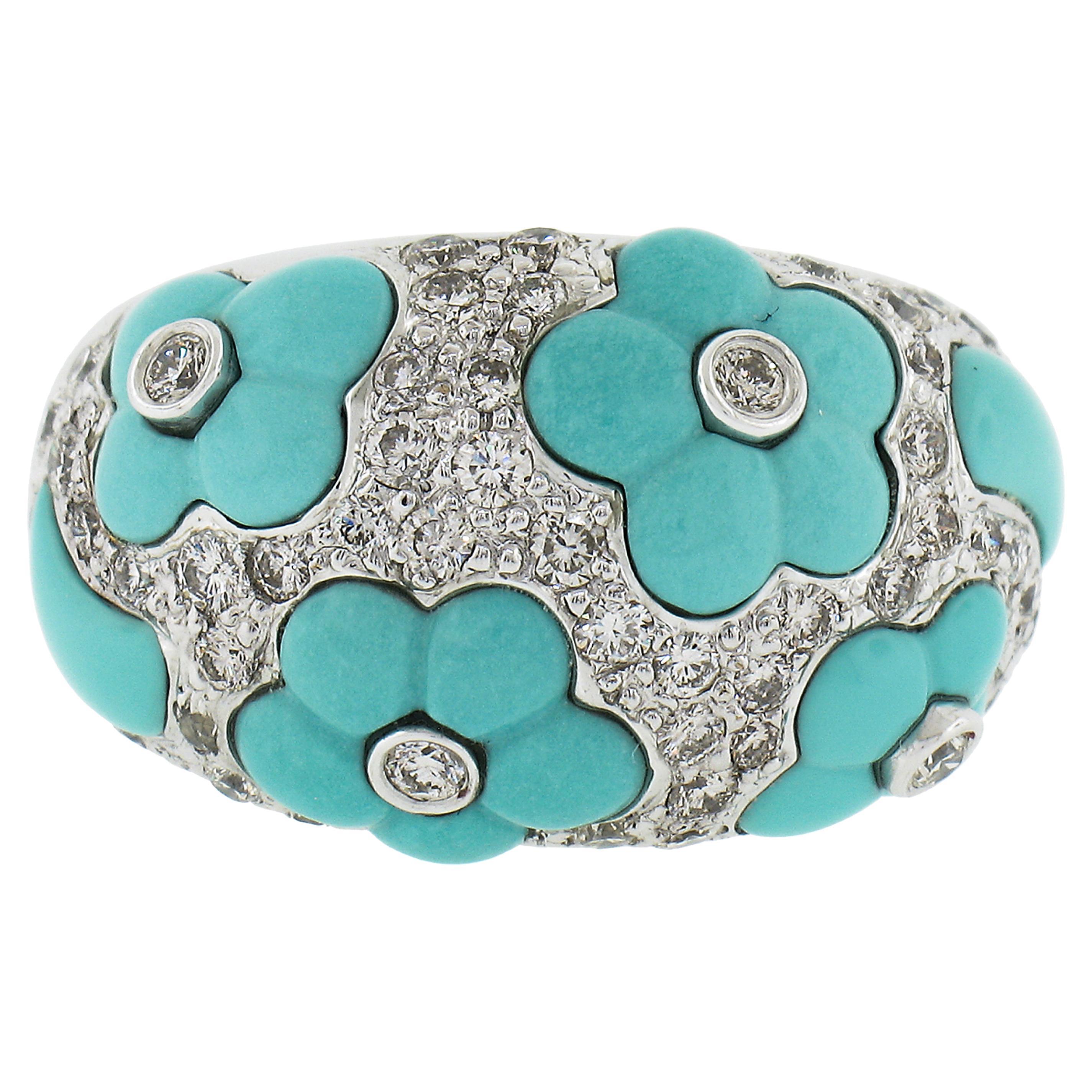 18k White Gold 1.07ctw Diamond & Flower Turquoise 14.1mm Wide Bombe Band Ring For Sale