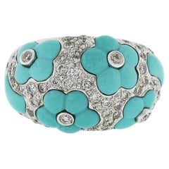 18k White Gold 1.07ctw Diamond & Flower Turquoise 14.1mm Wide Bombe Band Ring