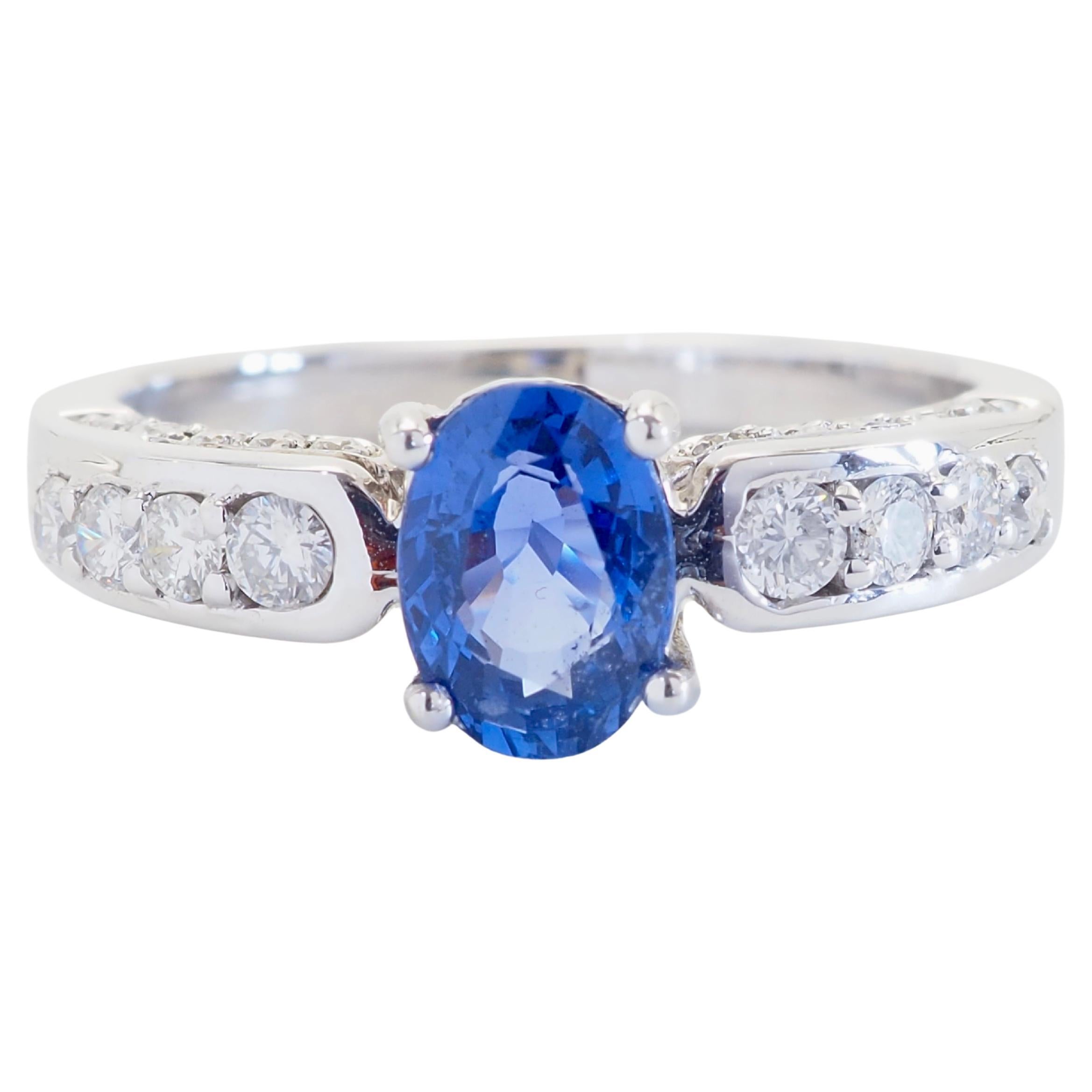18K White Gold 1.08ct Oval Cornflower Blue Sapphire & 0.38ct Diamond Ring