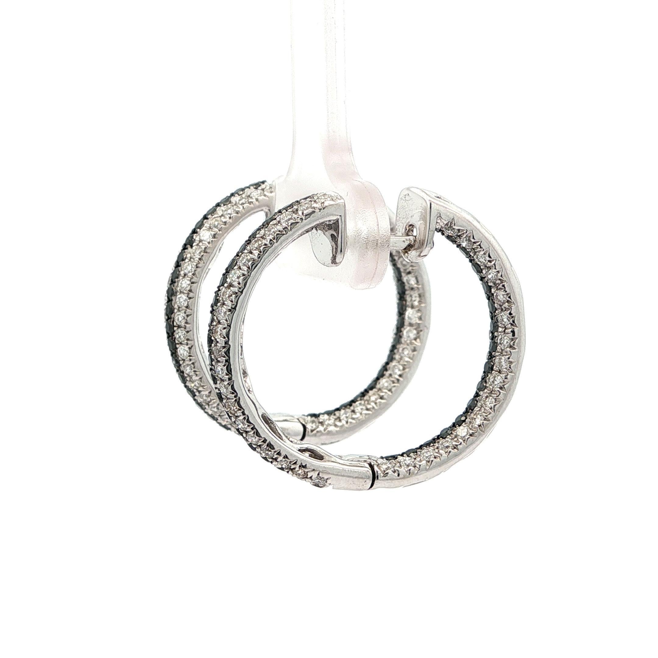 18k Weißgold 1,08ctw Fancy Schwarz mit weißem Diamant In & Out Hoop Ohrringe Damen im Angebot