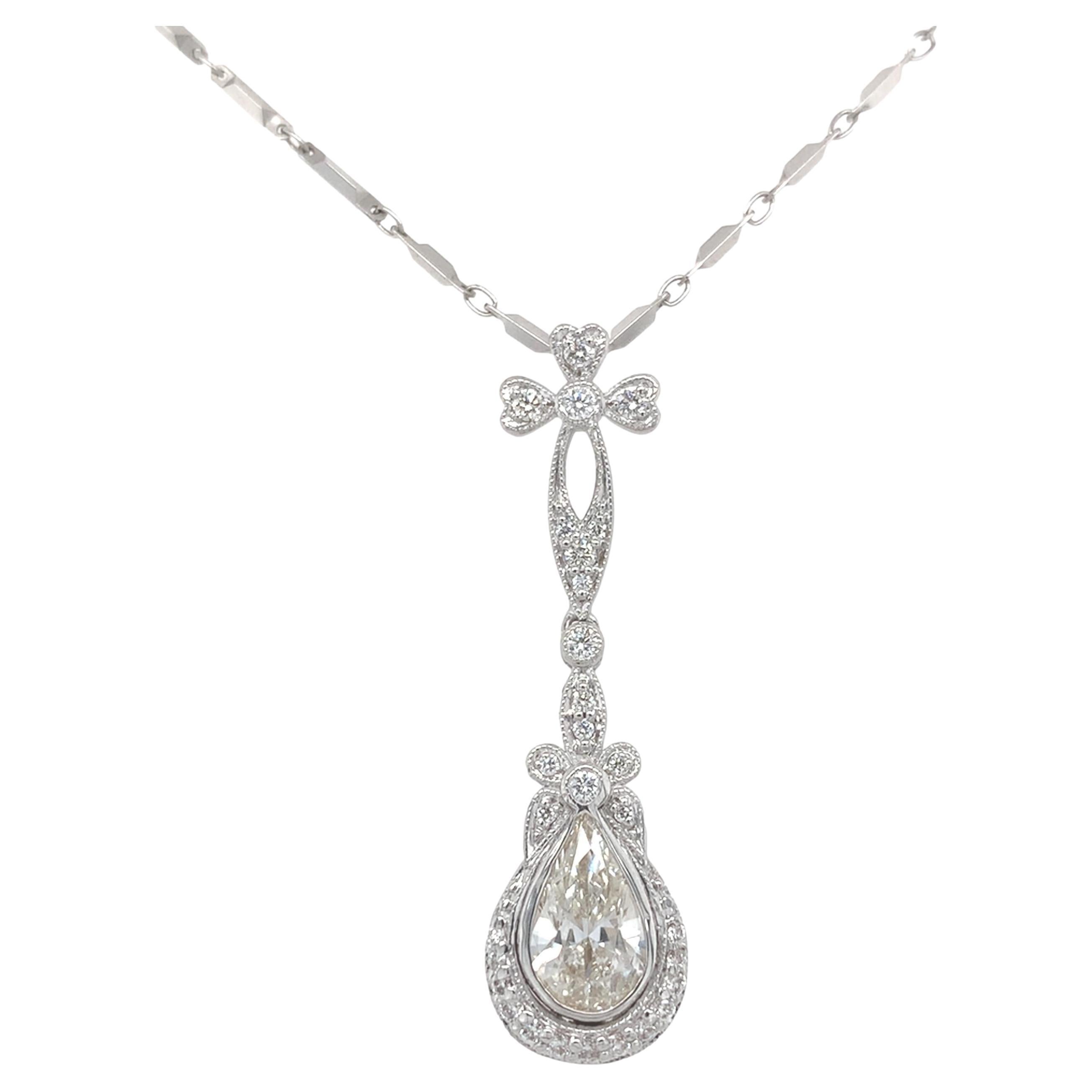 18K White Gold 1.09 carat Pear Cut Diamond Pendant with GIA report and 18K chain