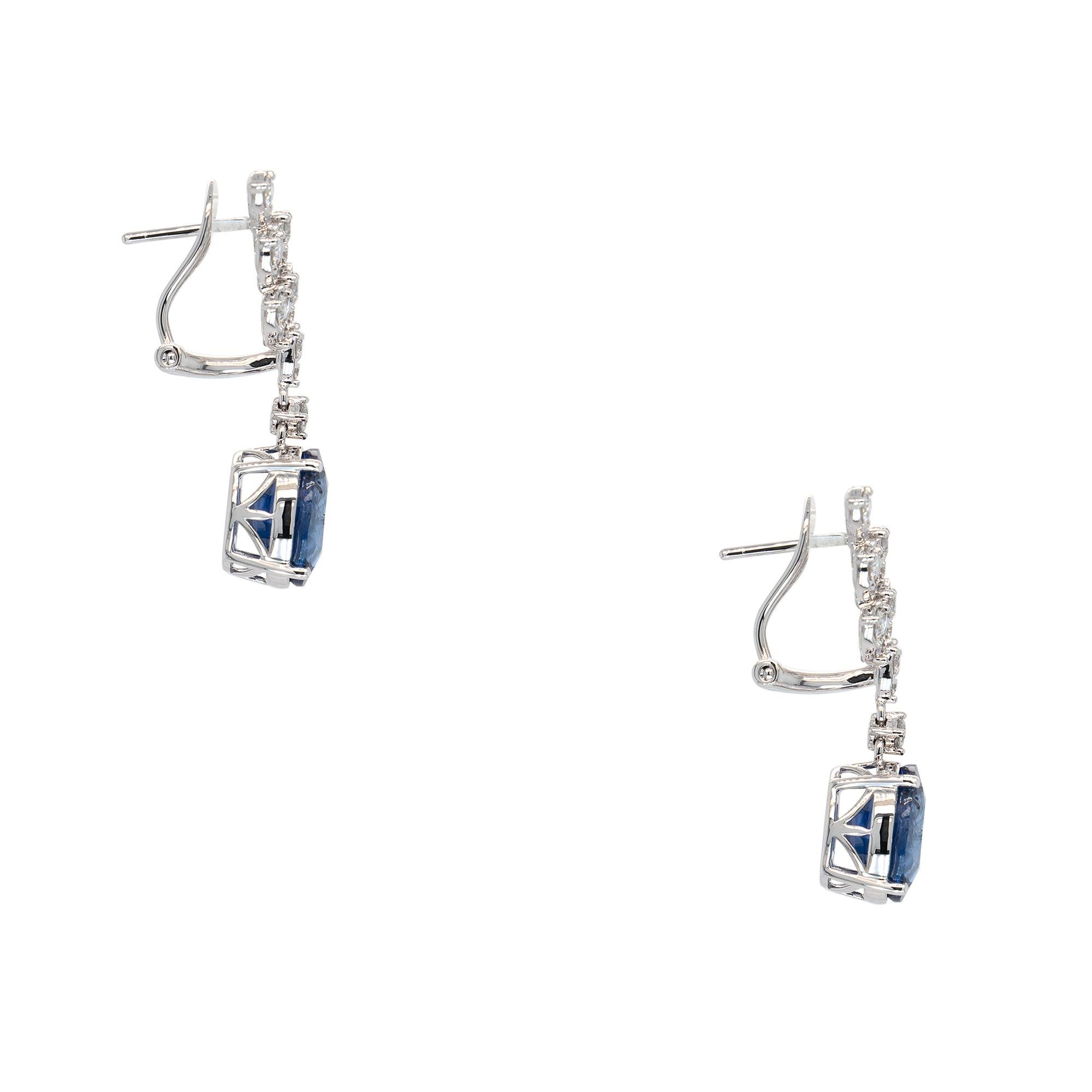 Round Cut 18k White Gold 10.92ct Sapphire with 1.14ct Round Brilliant Diamond Earrings For Sale