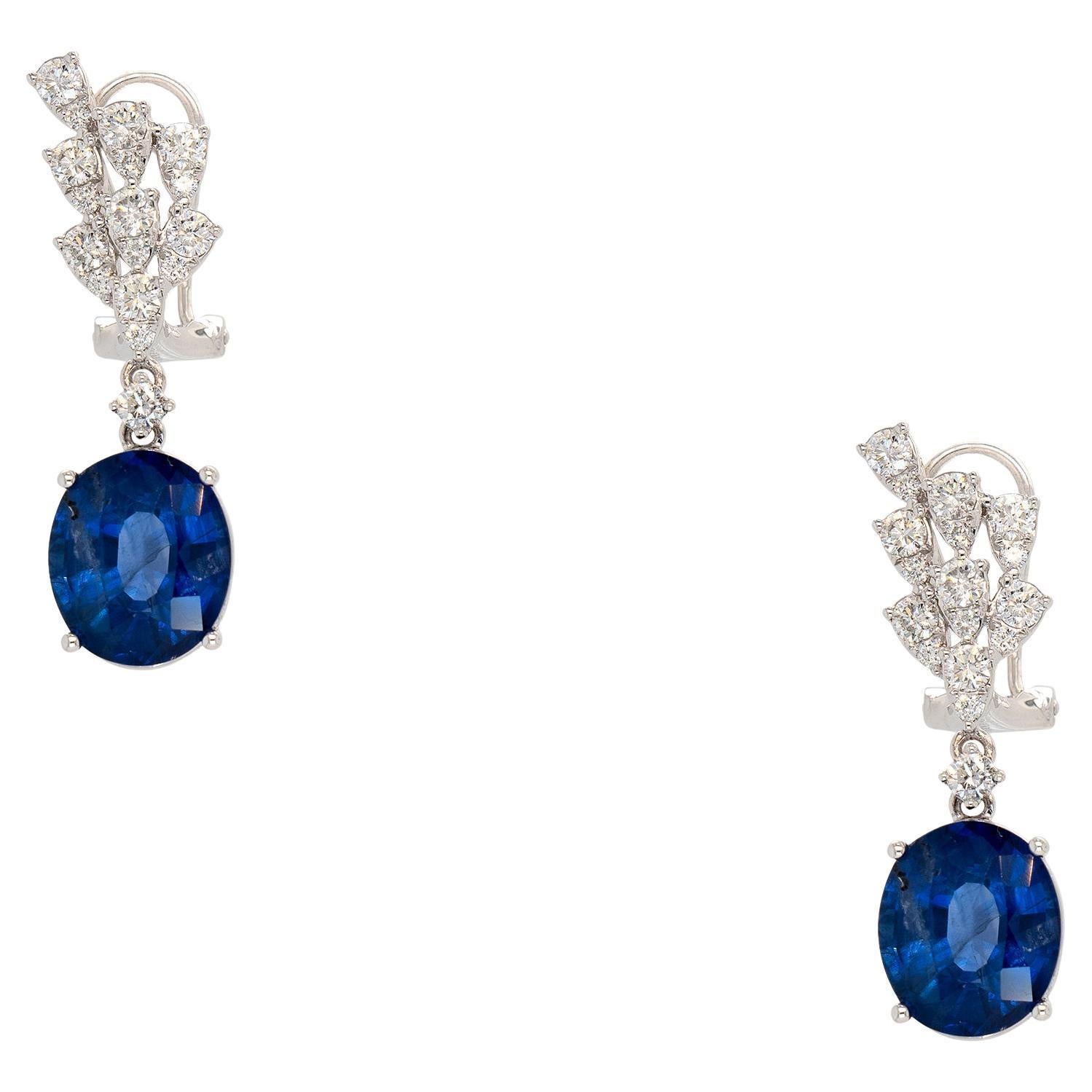 18k White Gold 10.92ct Sapphire with 1.14ct Round Brilliant Diamond Earrings For Sale