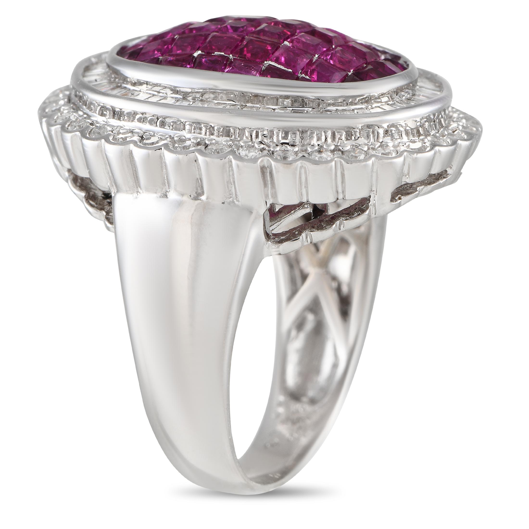Polish your look with elegance and individuality with this cocktail ring. This LB Exclusive piece makes a bold statement with its thick and domed shank, and its domed cluster of rubies set on an oval bezel. The pinkish-red centerpiece holds rubies