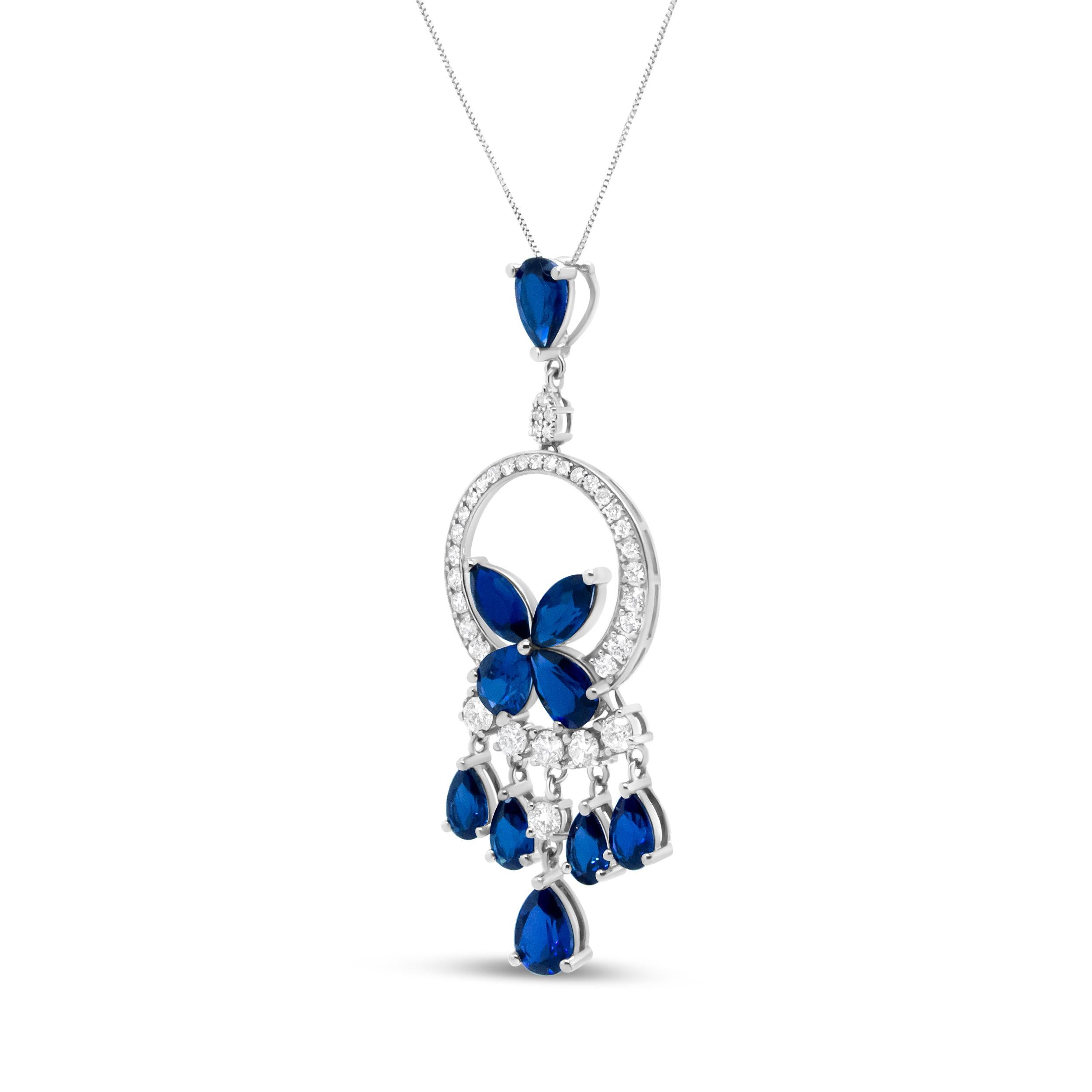 Contemporary 18K White Gold 1.0ct Diamond & Blue Sapphire Chandelier Cascade Pendant Necklace