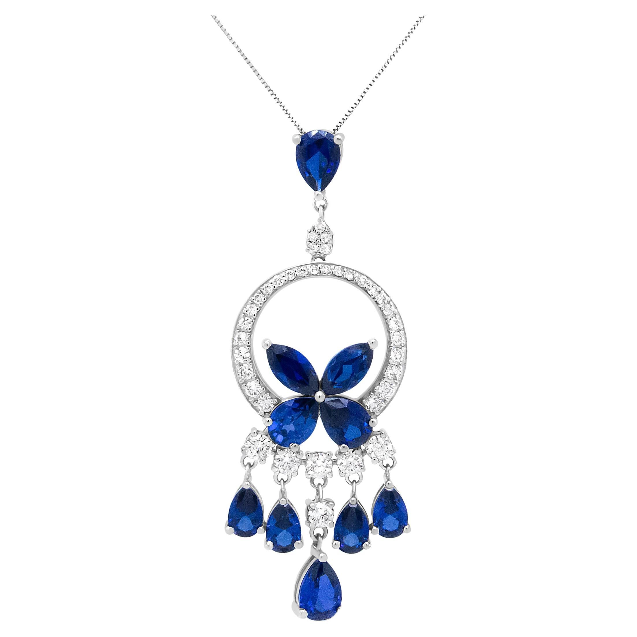 18K White Gold 1.0ct Diamond & Blue Sapphire Chandelier Cascade Pendant Necklace