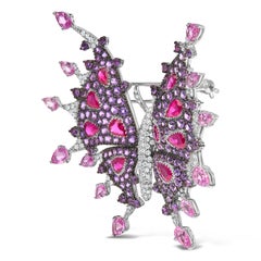 18K White Gold 1.0ct Diamond, Ruby, Sapphire, and Amethyst Butterfly Brooch Pin