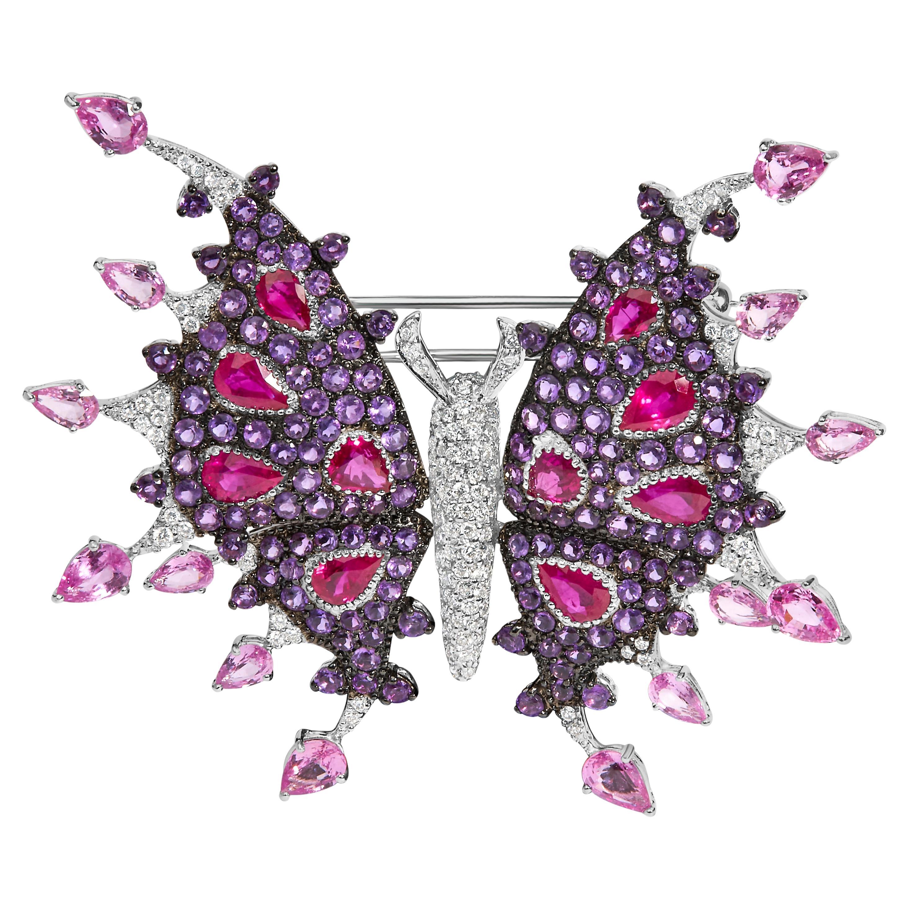 18K White Gold 1.0ct Diamond, Ruby, Sapphire, and Amethyst Butterfly Brooch Pin