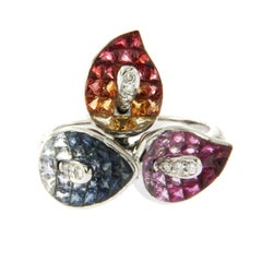 Anello in oro bianco 18k con diamanti da 10 carati e zaffiro invisibile multicolore da 8,7 carati