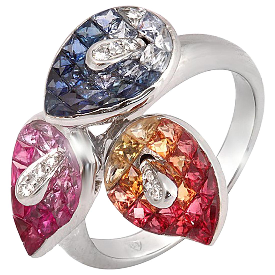 18k White Gold .10ct Diamonds & Invisible 8.7 Ct Multicolor Sapphire Ring For Sale