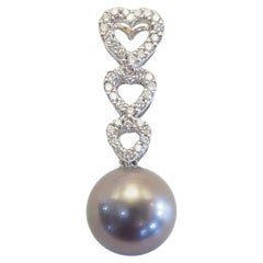18K White Gold 10mm Black South Sea Pearl & 0.25ct Diamond Heart Dangle Pendant