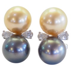 18K White Gold 10mm Golden & Black Pearl & 0.43ct Pear Diamond Clip Earrings