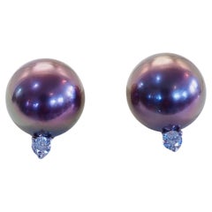 18K White Gold 10mm Red Aubergine Tahiti Pearl & 0.12ct Diamond Stud Earrings