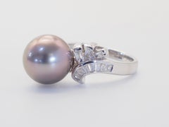 18K White Gold 10mm Tahiti Pearl & 0.40ct Baguette Diamond Swirl Cocktail Ring