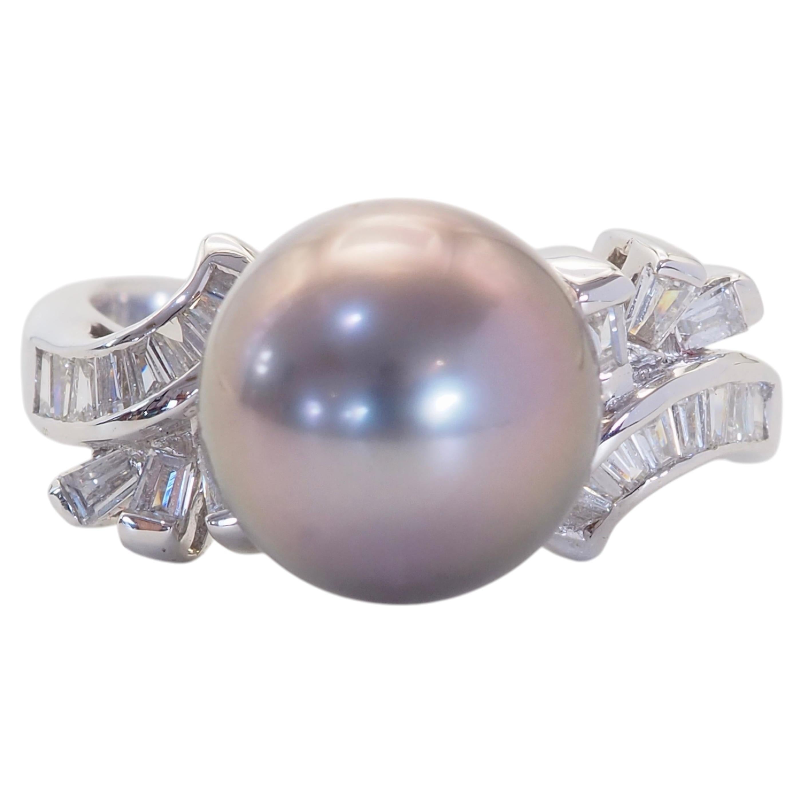 18K White Gold 10mm Tahiti Pearl & 0.40ct Baguette Diamond Swirl Cocktail Ring