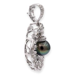 18K White Gold 10mm Tahitian Pearl and Diamond Filigree Pendant