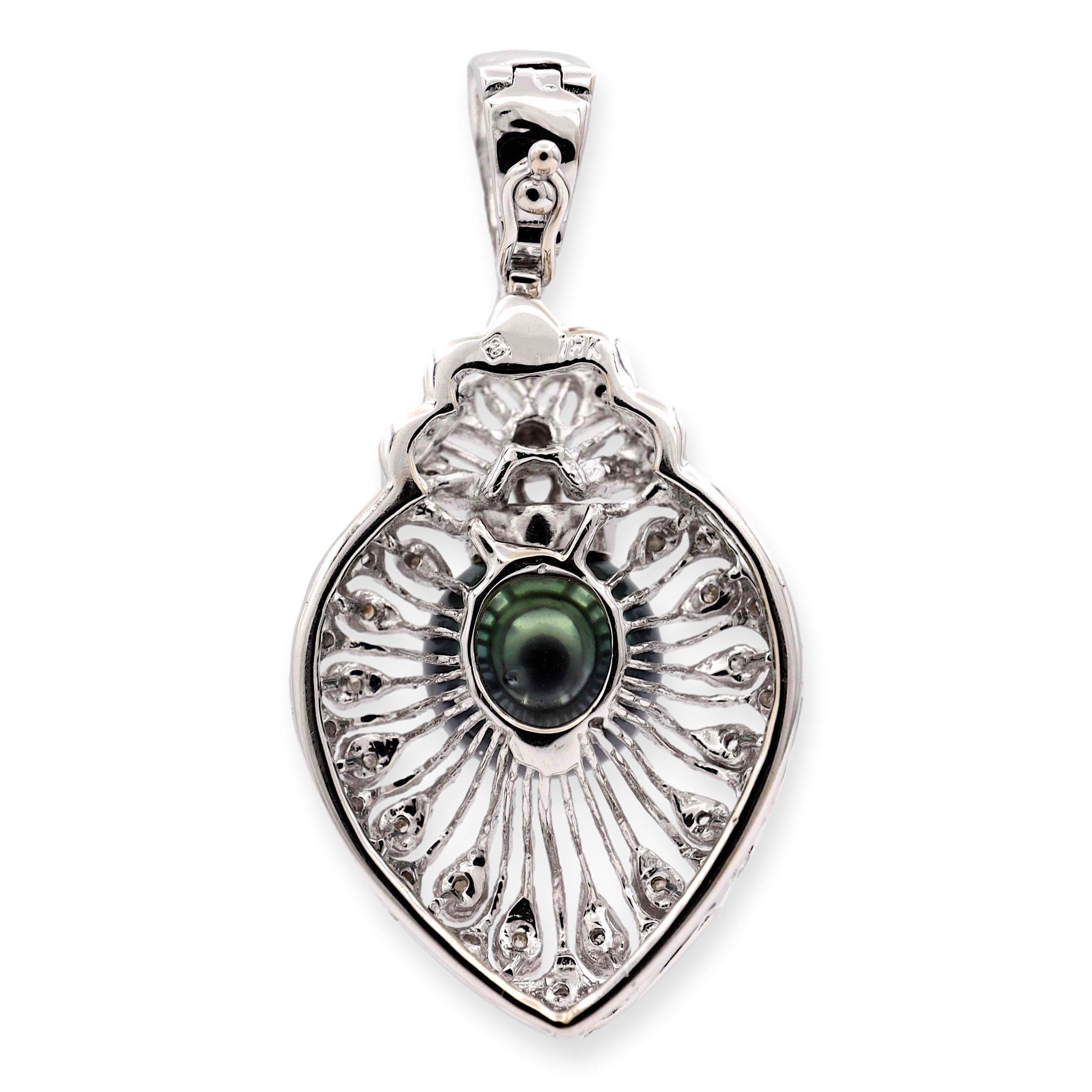 Contemporary 18K White Gold 10mm Tahitian Pearl and Diamond Filigree Pendant For Sale