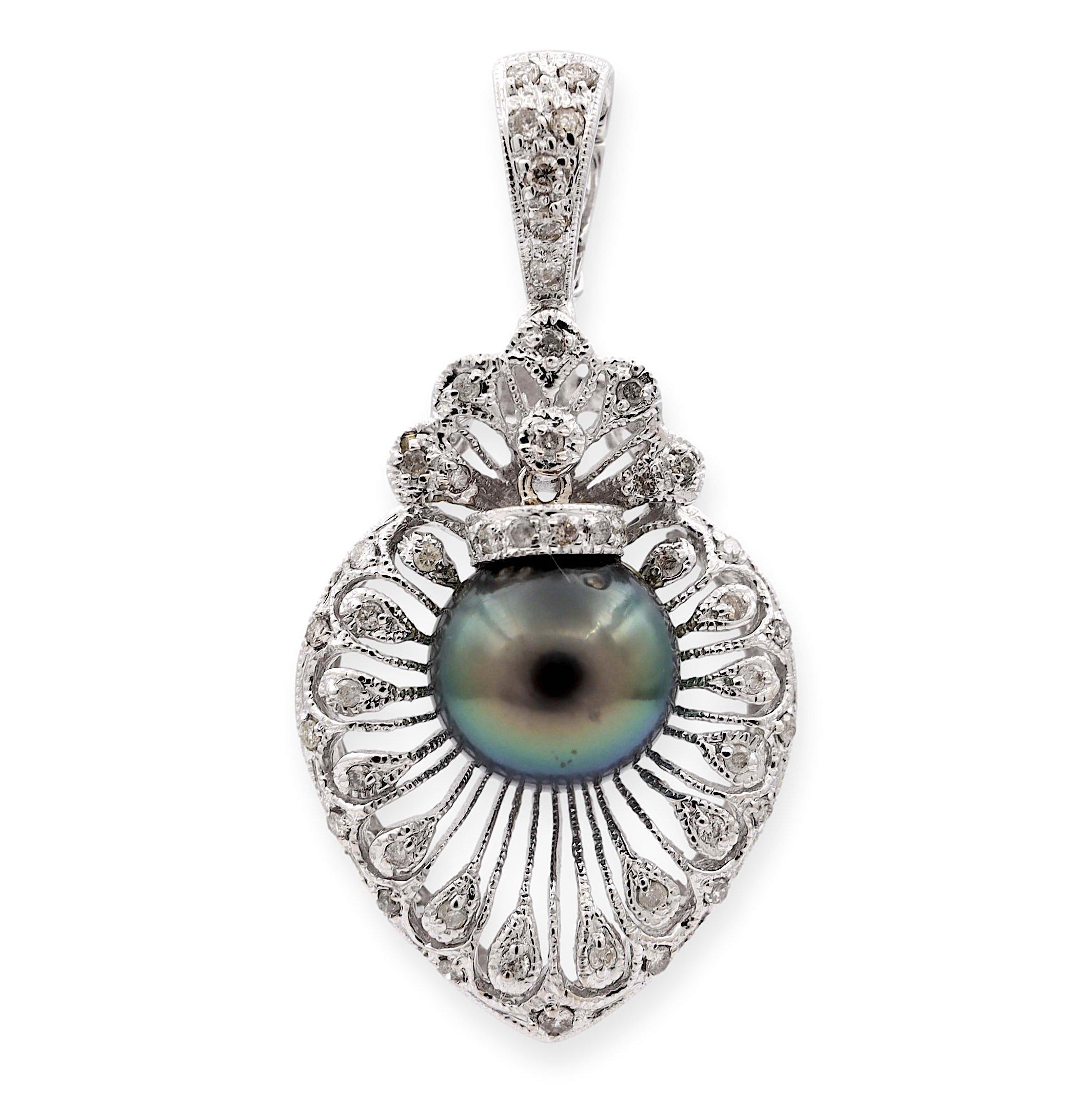 18K White Gold 10mm Tahitian Pearl and Diamond Filigree Pendant For Sale 2