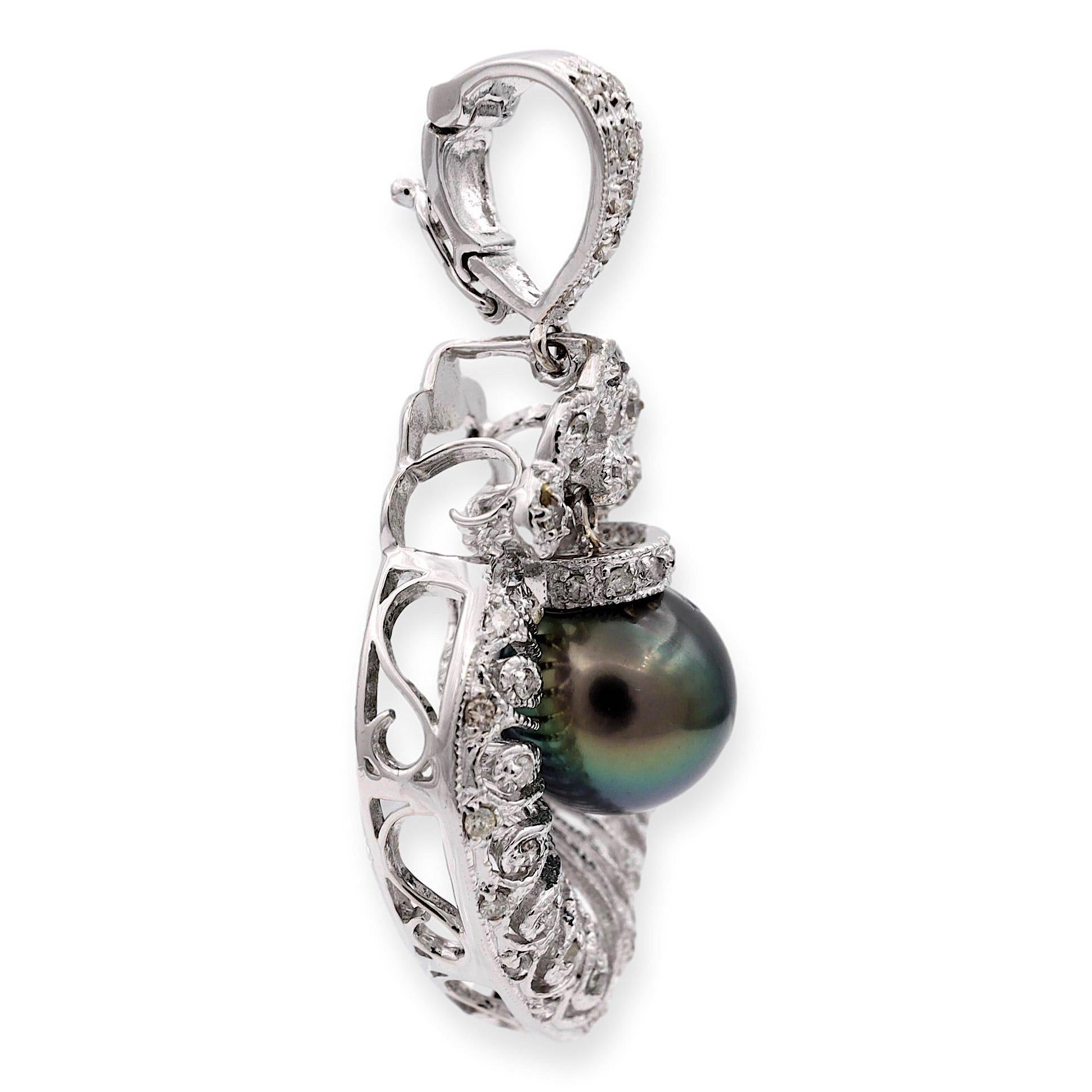 18K White Gold 10mm Tahitian Pearl and Diamond Filigree Pendant For Sale 3