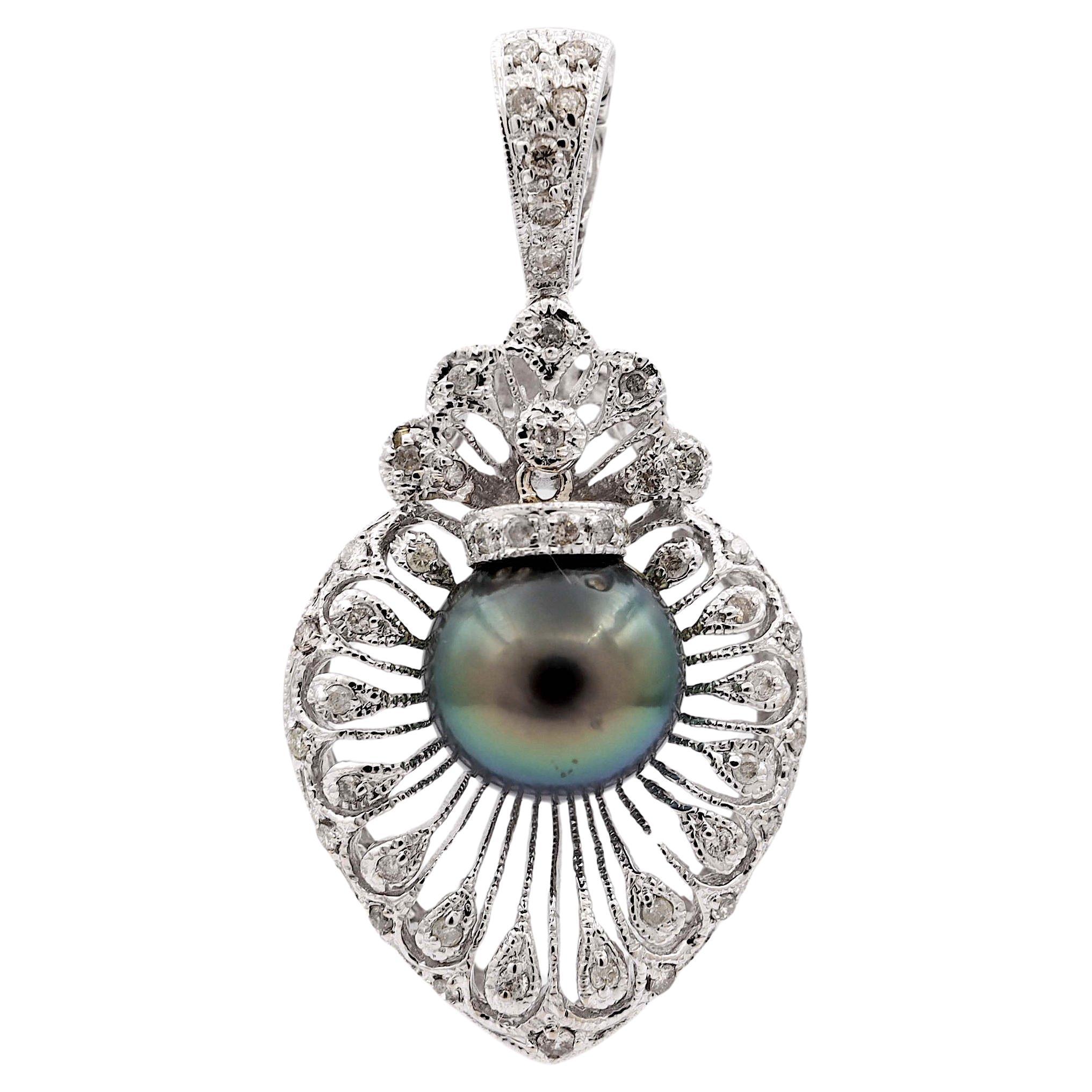 18K White Gold 10mm Tahitian Pearl and Diamond Filigree Pendant