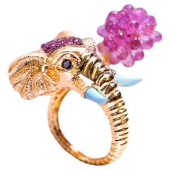 Baguelephant en or blanc 18 carats, saphir rose 11,09 carats, turquoise et diamants