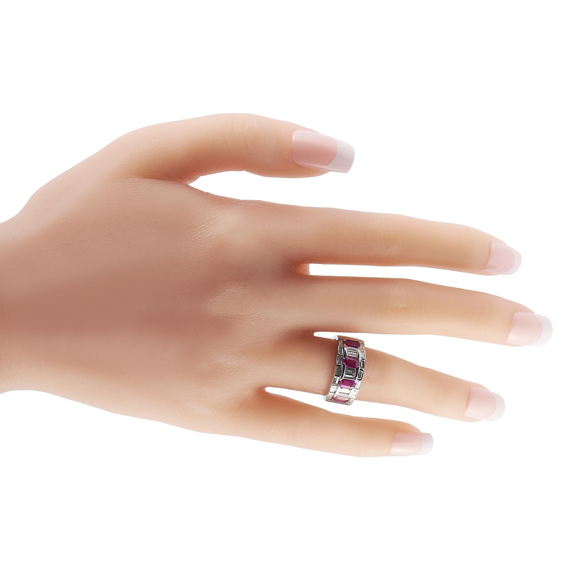 Baguette Cut 18K White Gold 1.10ct Diamond and Ruby Ring For Sale