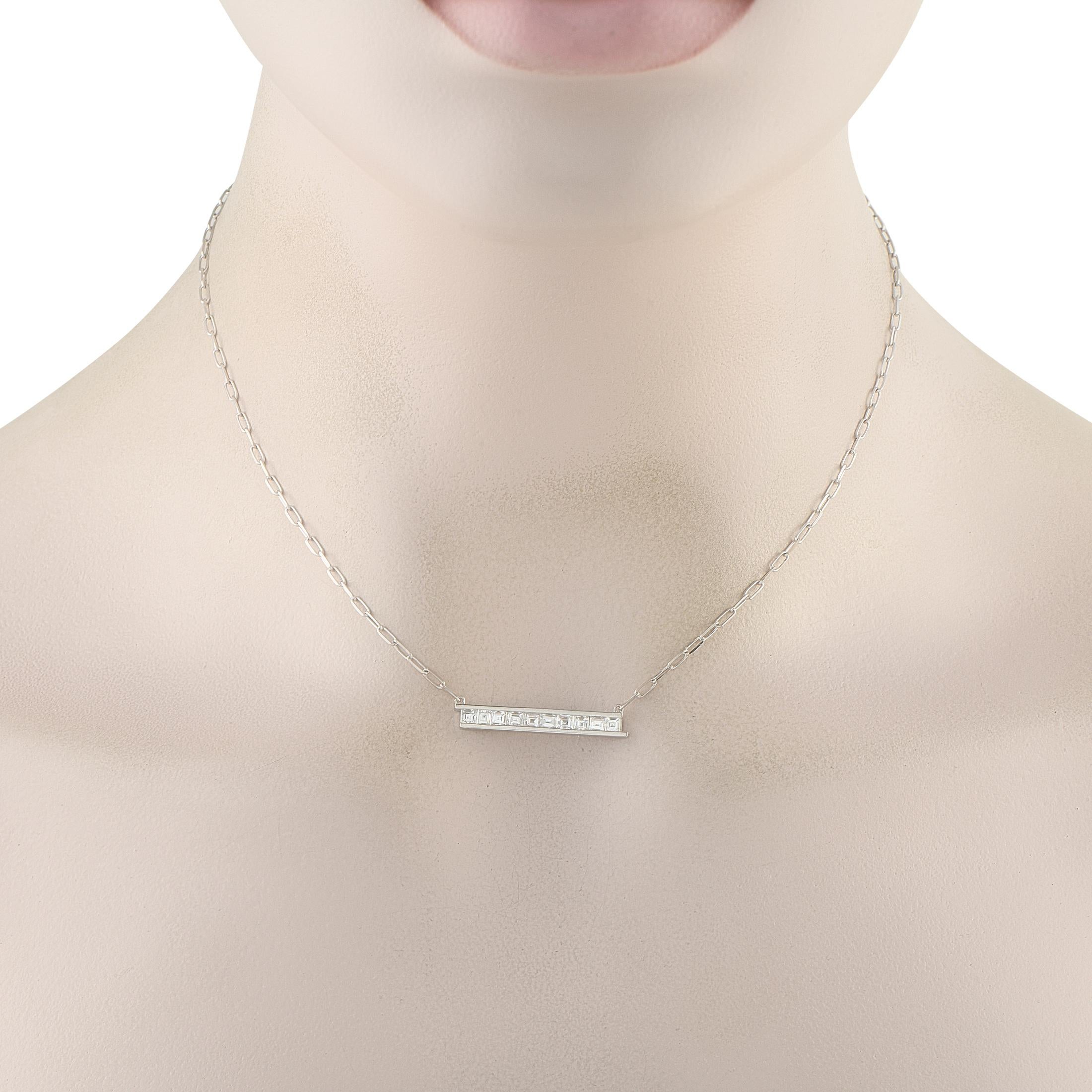 This exquisite necklace will instantly capture your imagination. At the center of a delicate 15 paperclip chain, a sleek rectangular pendant is elevated by square-cut Diamonds totaling 1.10 carats. Set in 18K White Gold, the pendant measures 0.15