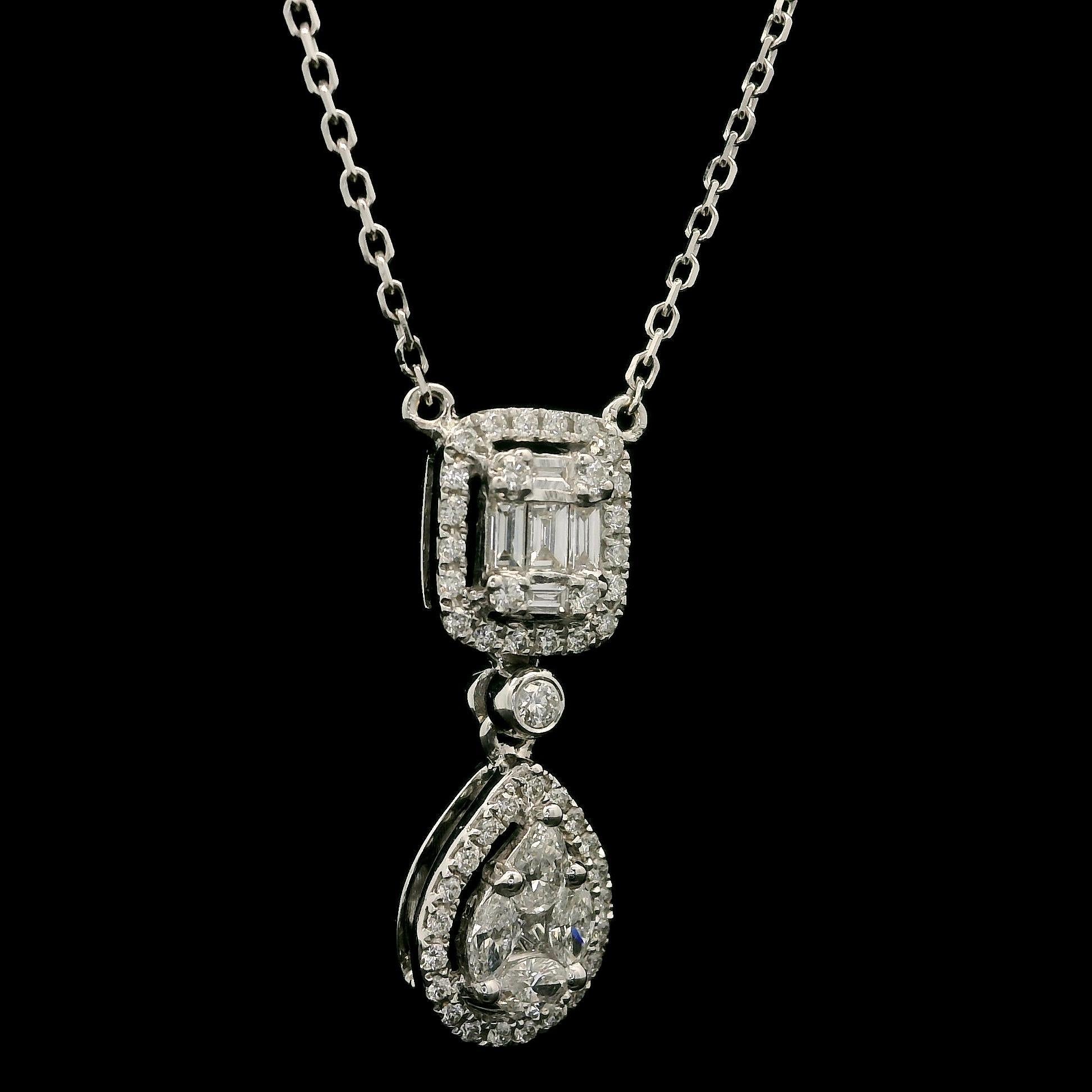Taglio a goccia Collana a catena con ciondolo a goccia in oro bianco 18k con diamanti incastonati da 1,10ct in vendita