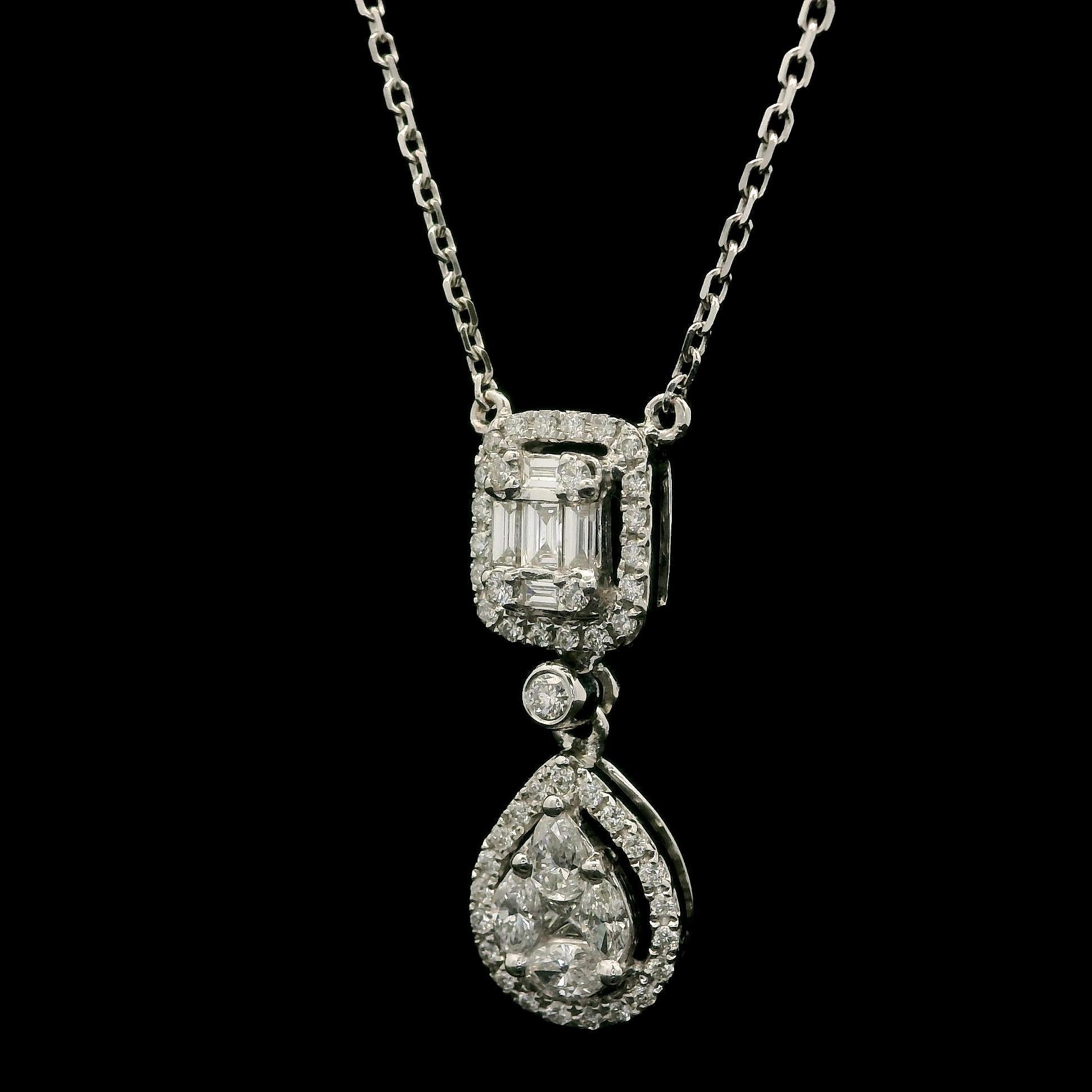 Collana a catena con ciondolo a goccia in oro bianco 18k con diamanti incastonati da 1,10ct In condizioni ottime in vendita a Montclair, NJ