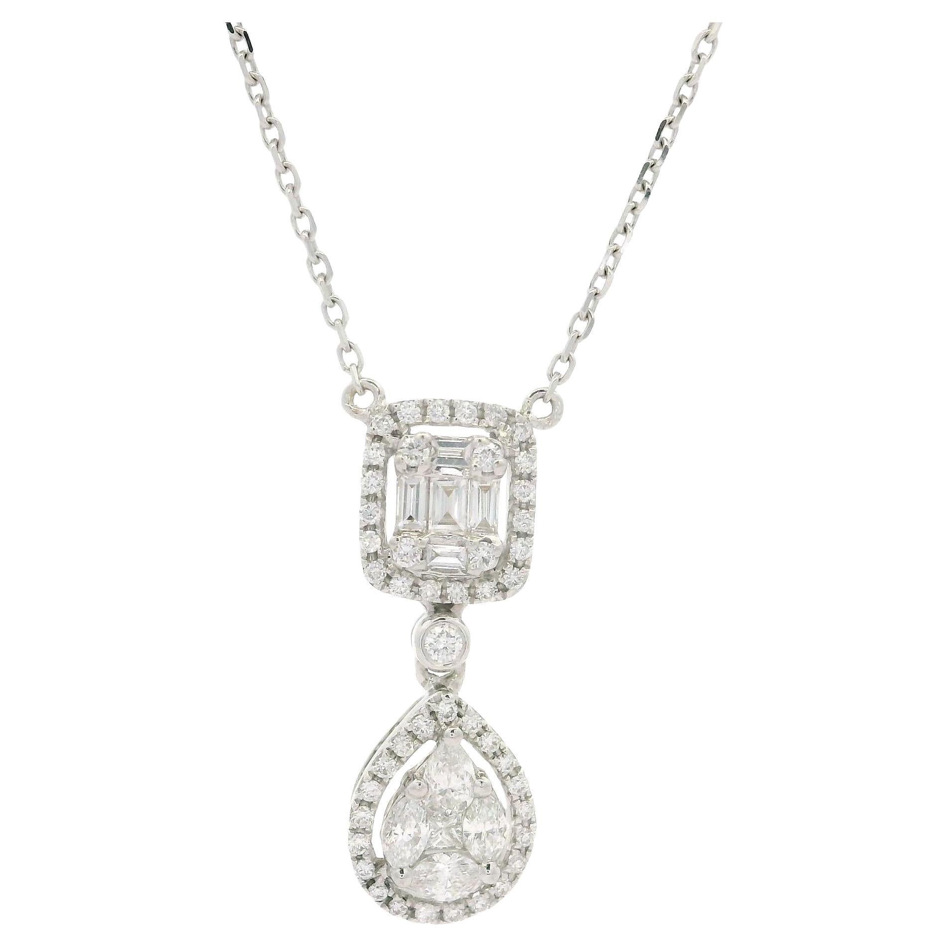 18k White Gold 1.10ct Diamond Illusion Set Teardrop Pendant Chain Necklace