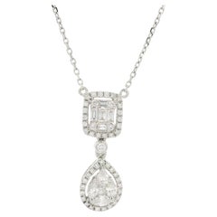 18k White Gold 1.10ct Diamond Illusion Set Teardrop Pendant Chain Necklace