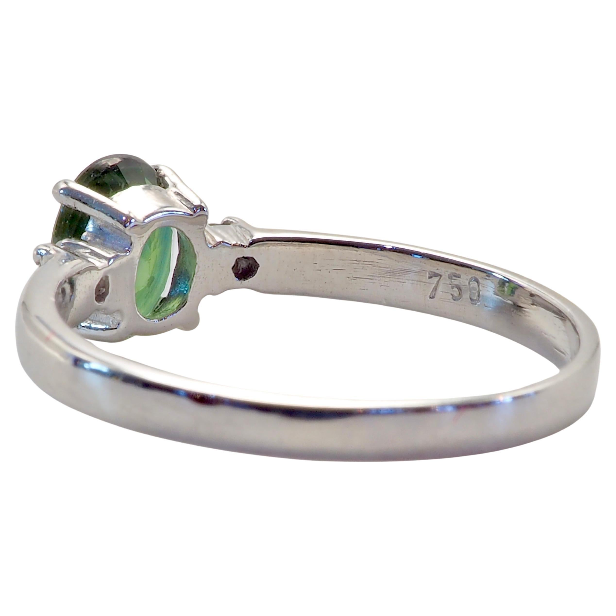Oval Cut 18K White Gold 1.10ct Oval Green Sapphire & 0.06ct Diamond Fine Ring For Sale