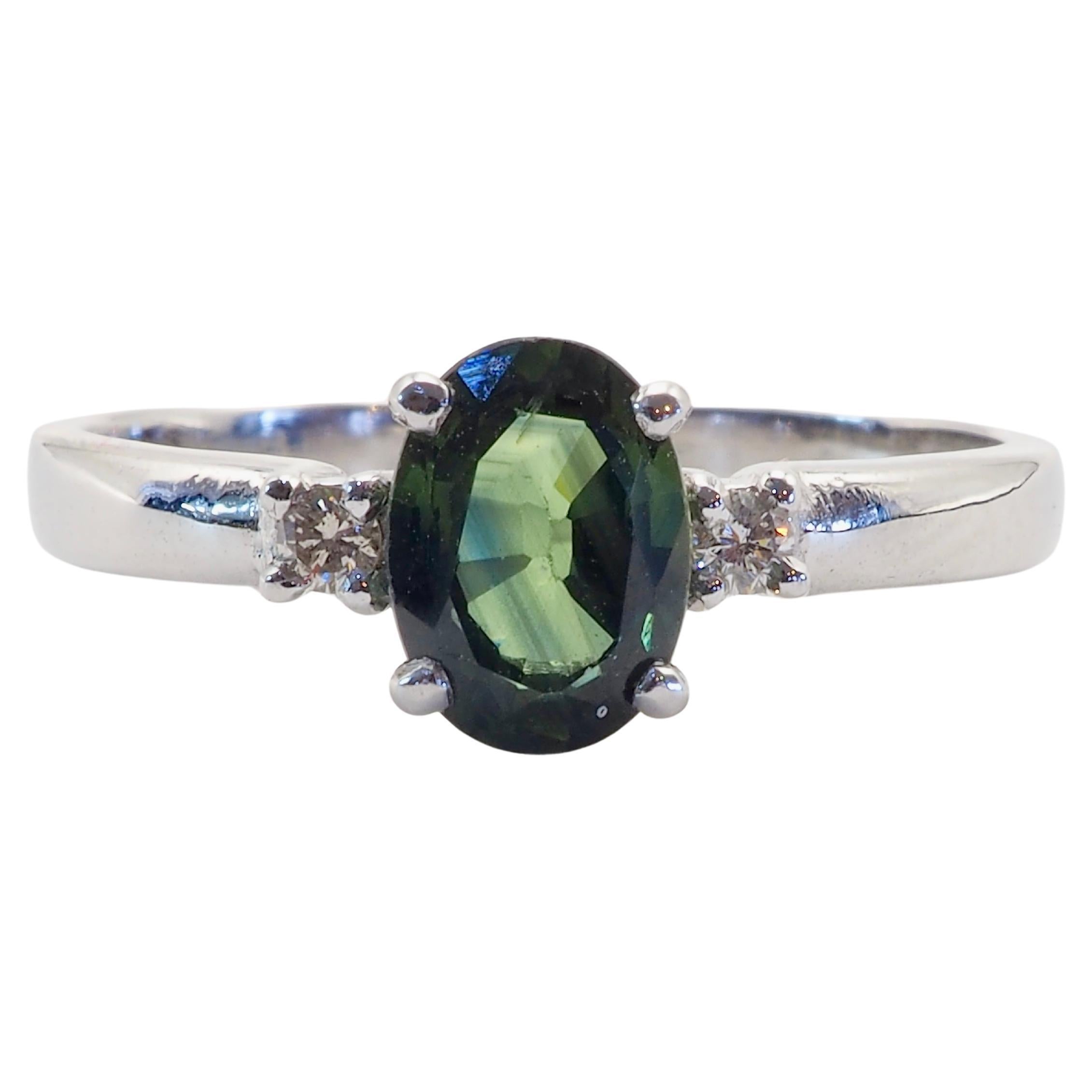 18K White Gold 1.10ct Oval Green Sapphire & 0.06ct Diamond Fine Ring