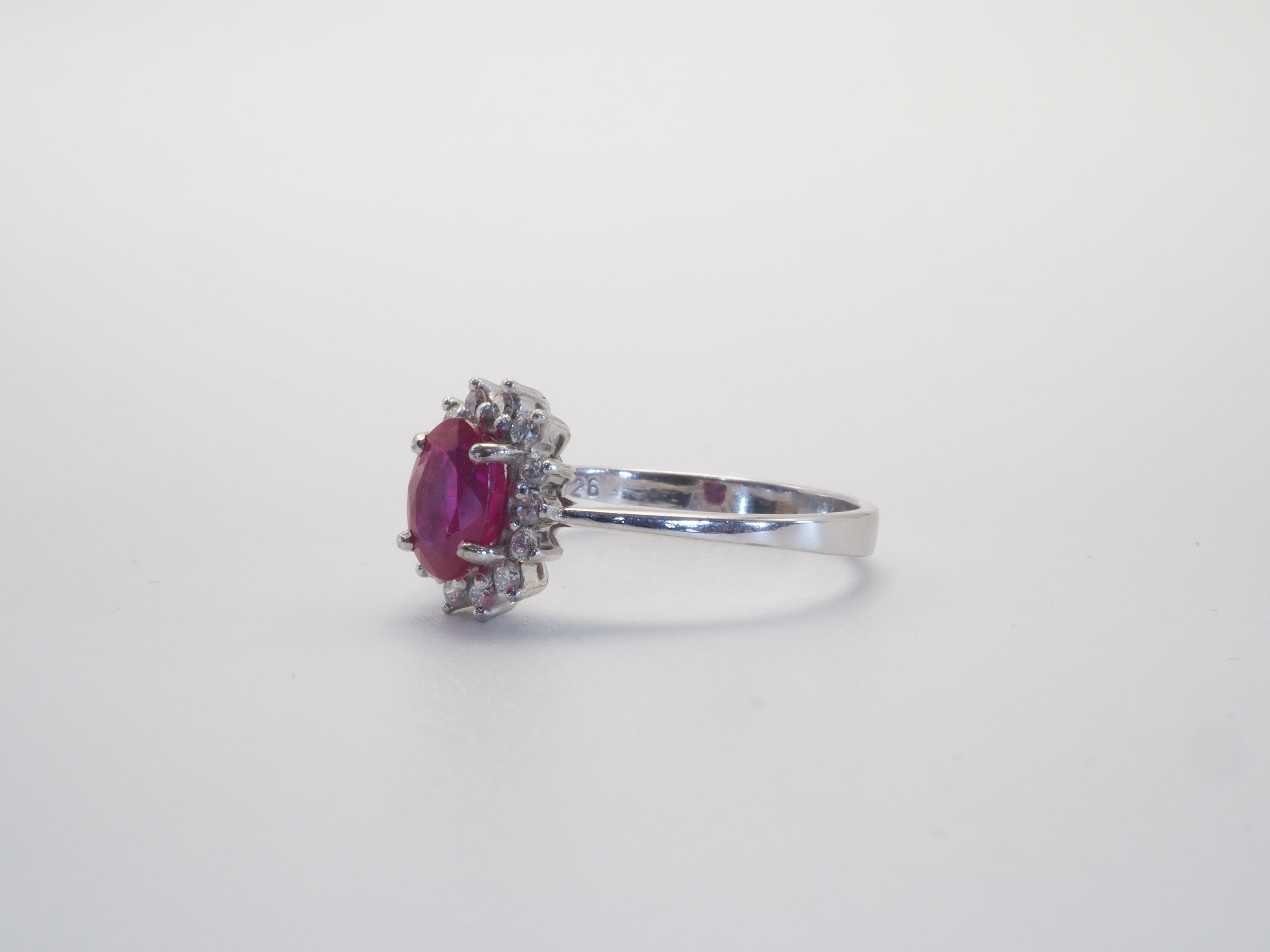Oval Cut 18K White Gold 1.10ct Oval Ruby & 0.20ct Diamond Sunburst Engagement Ring